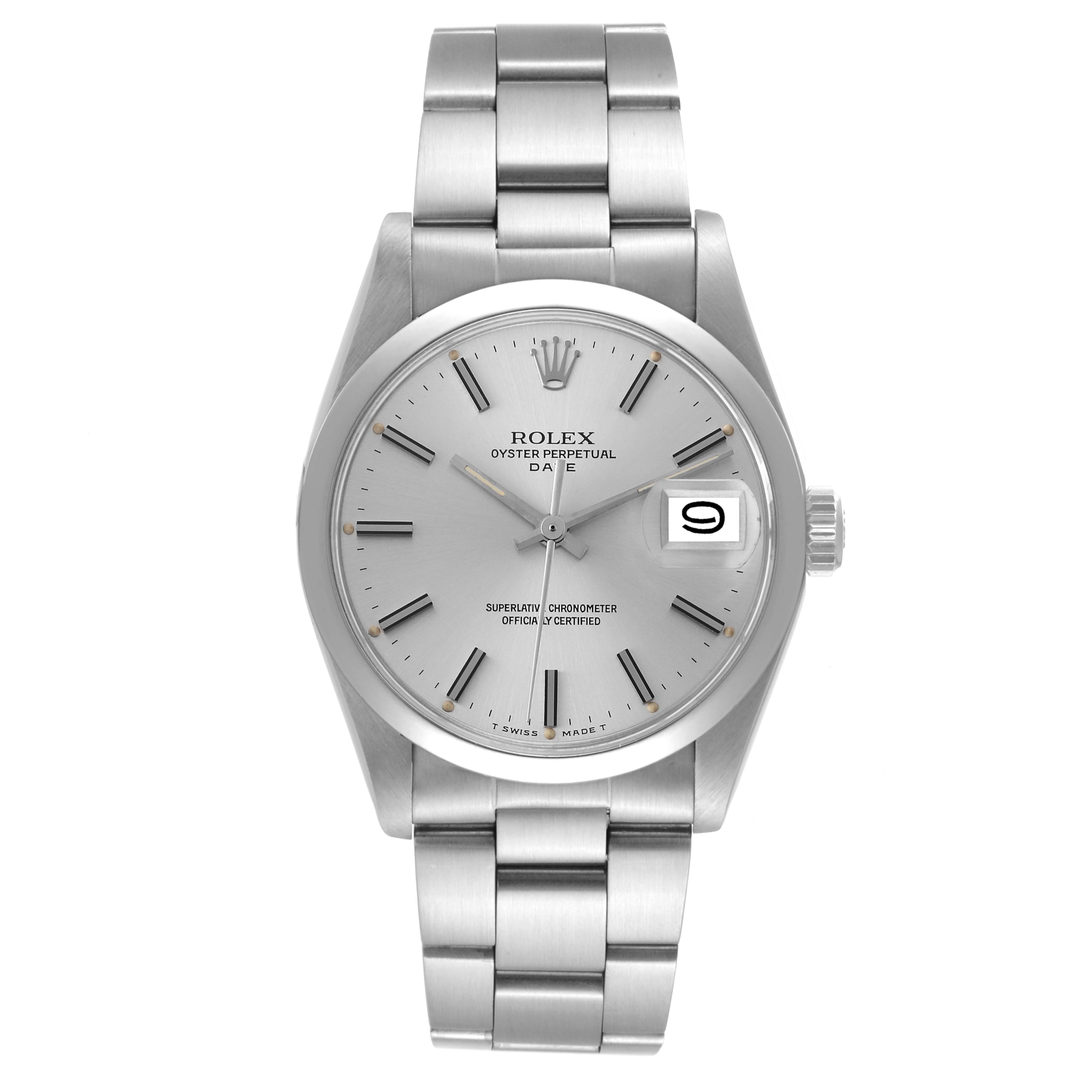This image shows a front view of the Rolex Vintage Collection 1500 Men's Stainless Steel Silver Dial 1500 Men's Stainless Steel Silver Dial watch, displaying the face, bracelet, and crown.