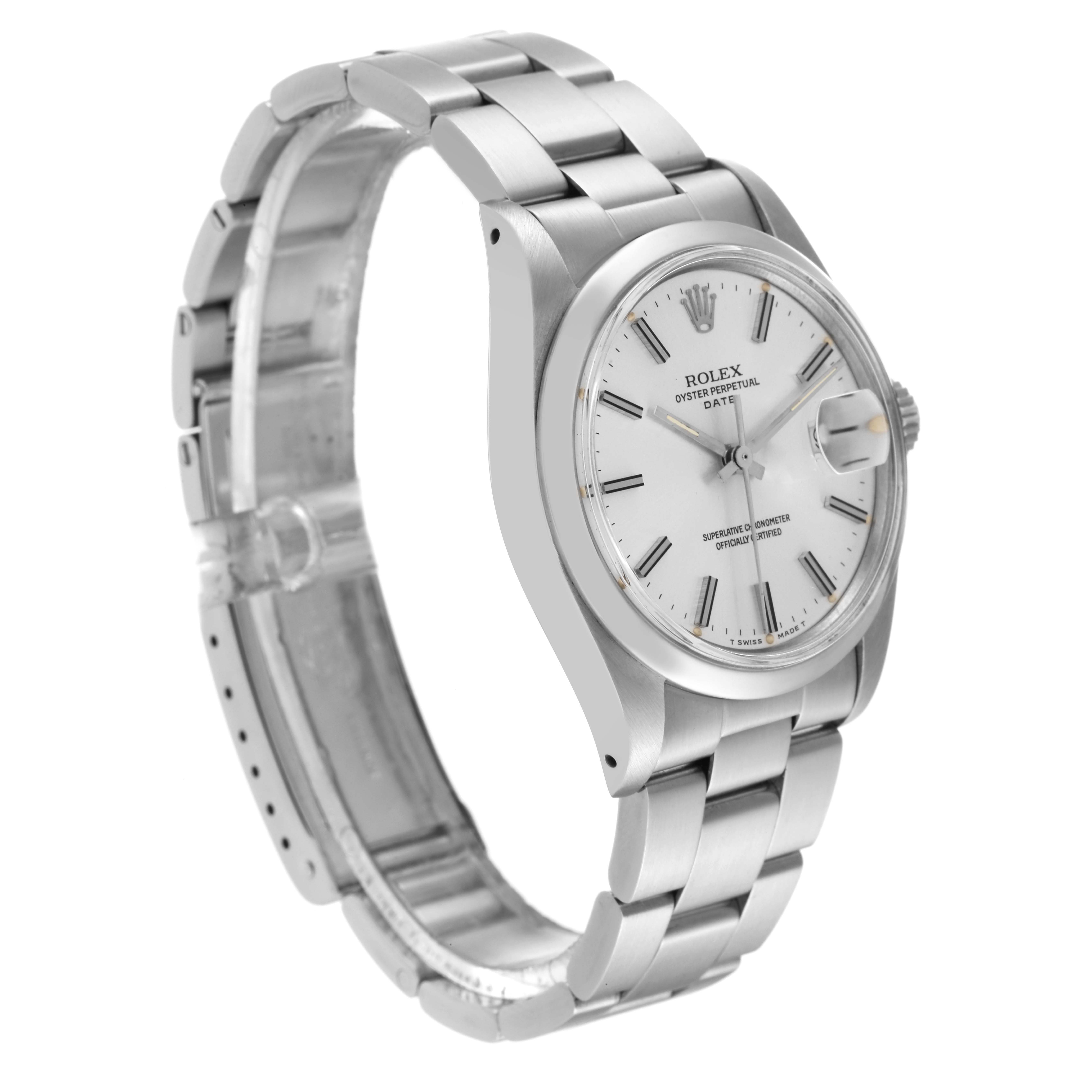 The image shows a side view of a Rolex Vintage Collection 1500 Men's Stainless Steel Silver Dial 1500 Men's Stainless Steel Silver Dial watch, displaying the face, case, and bracelet.