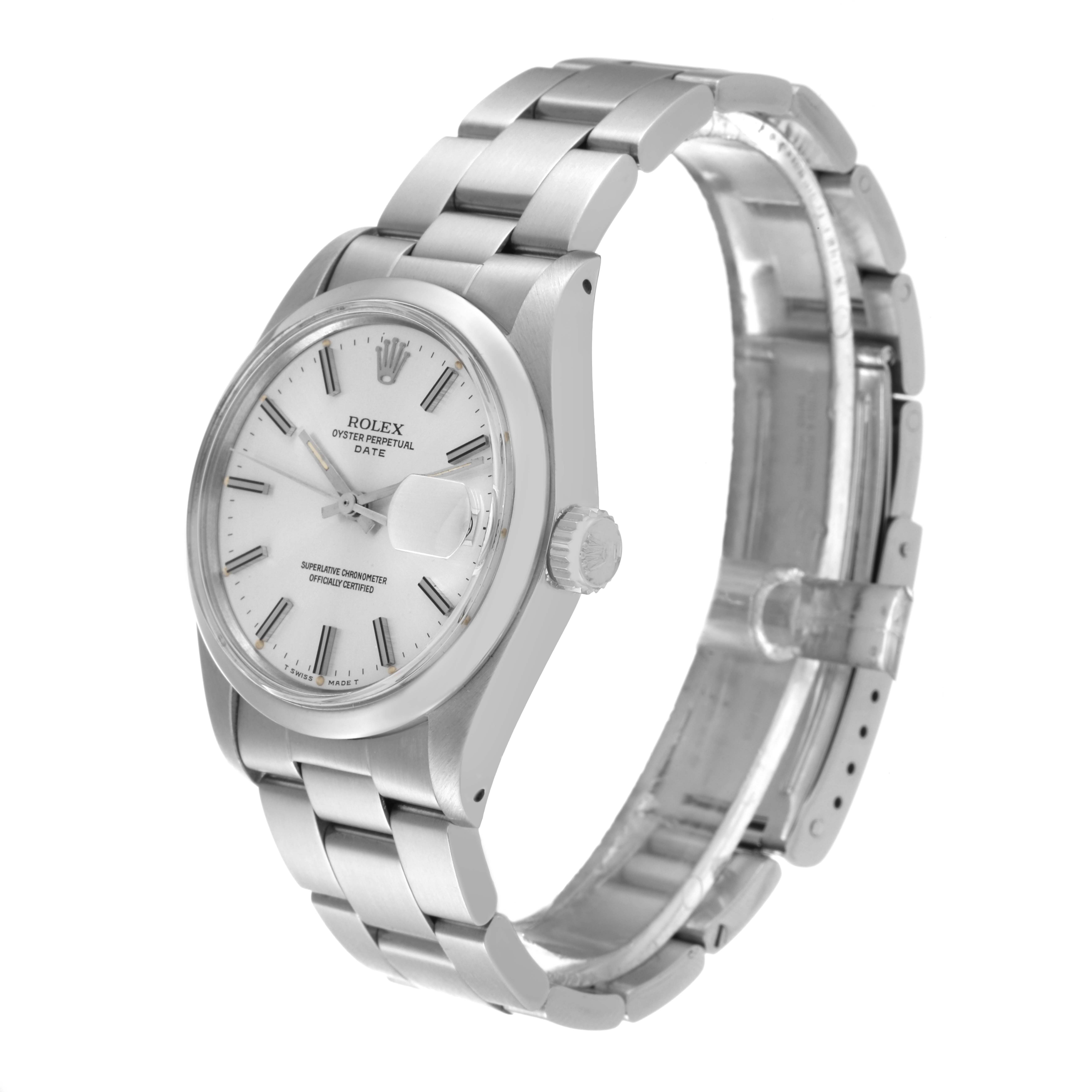 This Rolex Vintage Collection 1500 Men's Stainless Steel Silver Dial 1500 Men's Stainless Steel Silver Dial watch is shown from a three-quarter angle, highlighting the face, bezel, crown, and stainless steel bracelet.