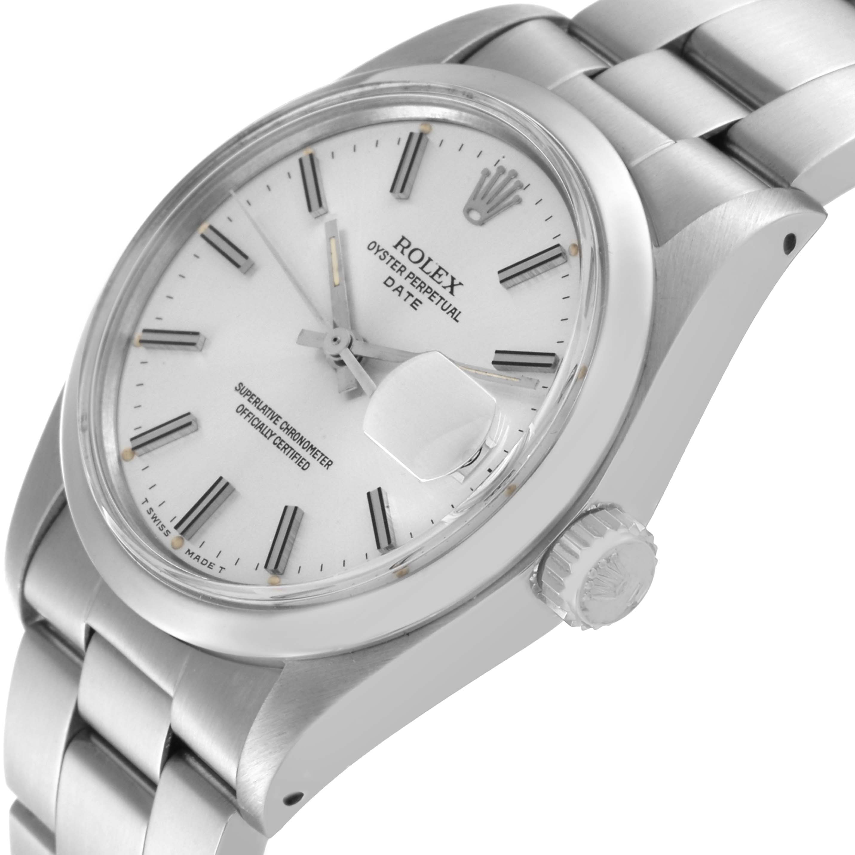 The Rolex Vintage Collection 1500 Men's Stainless Steel Silver Dial 1500 Men's Stainless Steel Silver Dial model watch is shown at a tilted angle, highlighting its dial, bezel, crown, and bracelet.