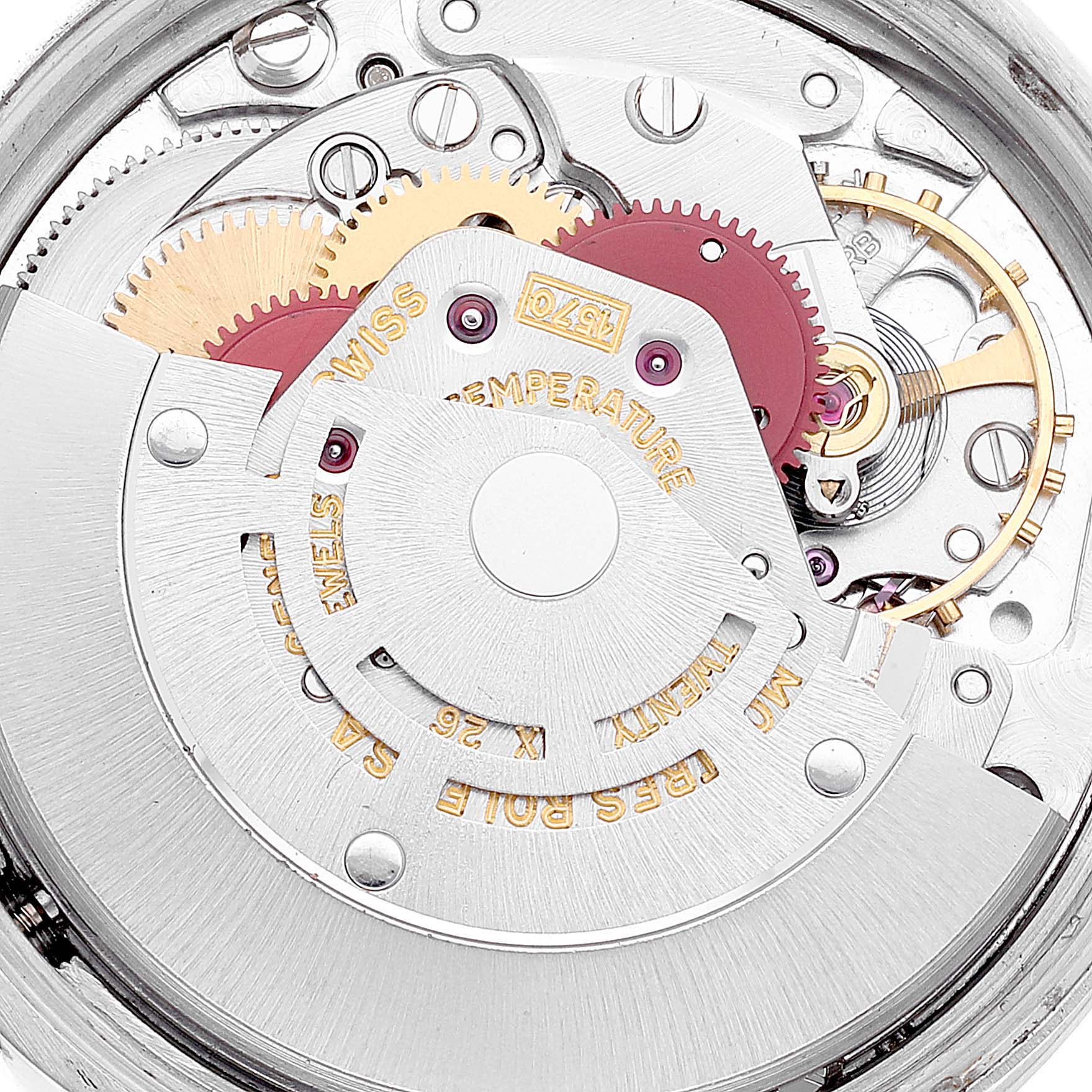 The image shows the intricate inner mechanism of a Rolex Vintage Collection 1500 Men's Stainless Steel Silver Dial 1500 Men's Stainless Steel Silver Dial model watch at a close-up angle.