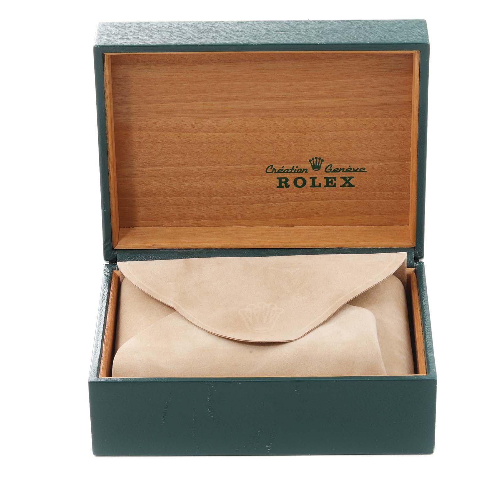 The image shows an opened green Rolex box with a beige pouch inside for the Vintage Collection model.