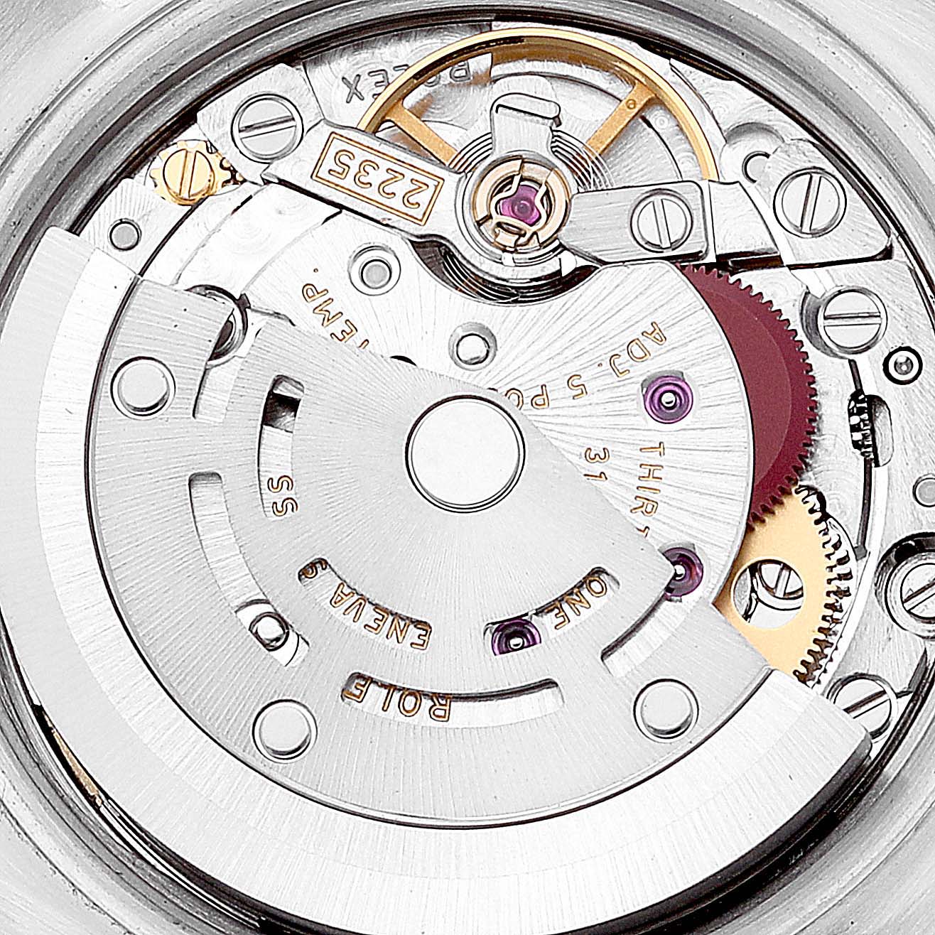 This is a close-up view of the movement inside a Rolex Datejust 179173 Women's Steel and Gold (two tone) Champagne Dial 179173 Women's Steel and Gold (two tone) Champagne Dial watch, showcasing its intricate mechanics and components.