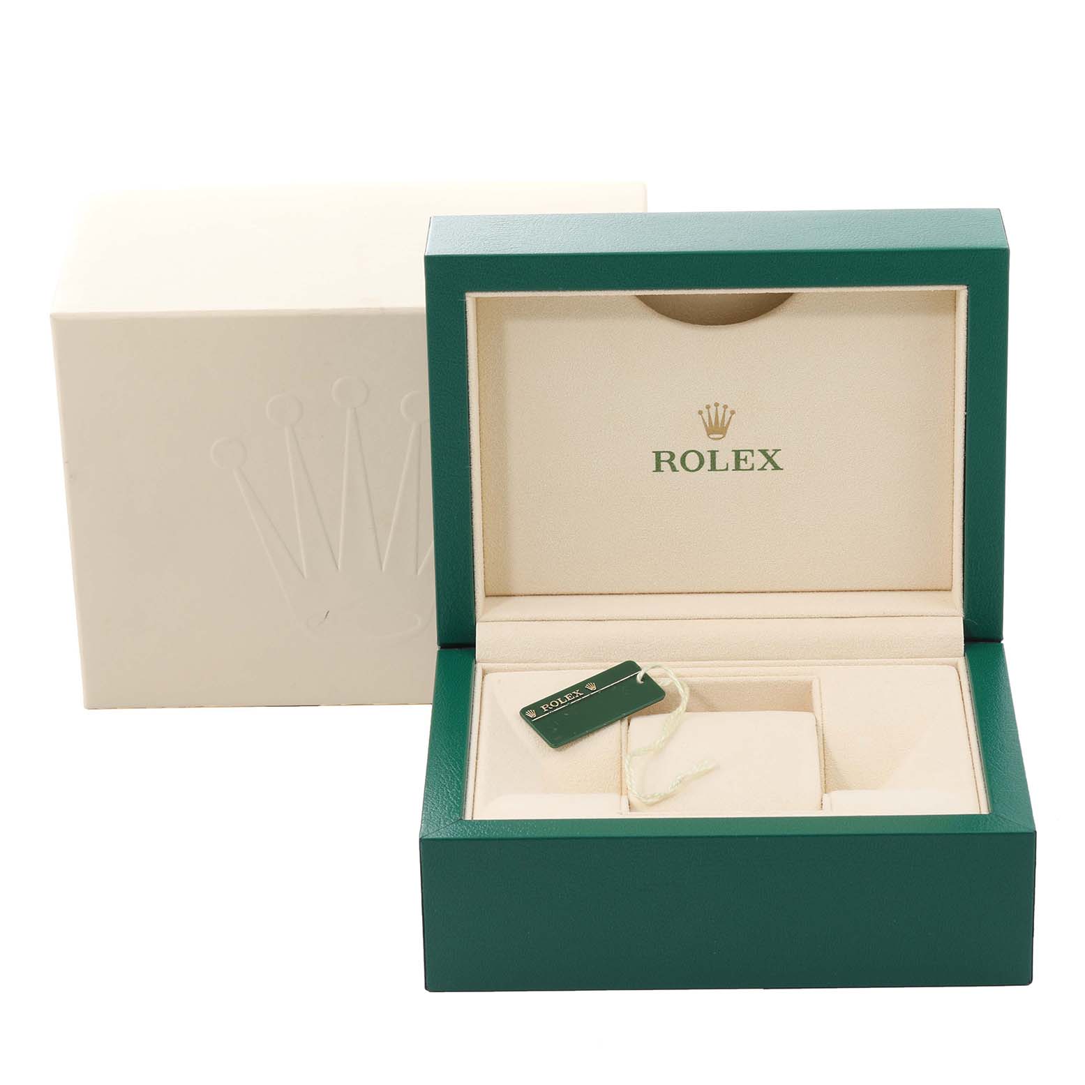 The image shows a green Rolex Datejust 179173 Women's Steel and Gold (two tone) Champagne Dial 179173 Women's Steel and Gold (two tone) Champagne Dial watch box with the lid open, revealing a beige interior and a green tag.