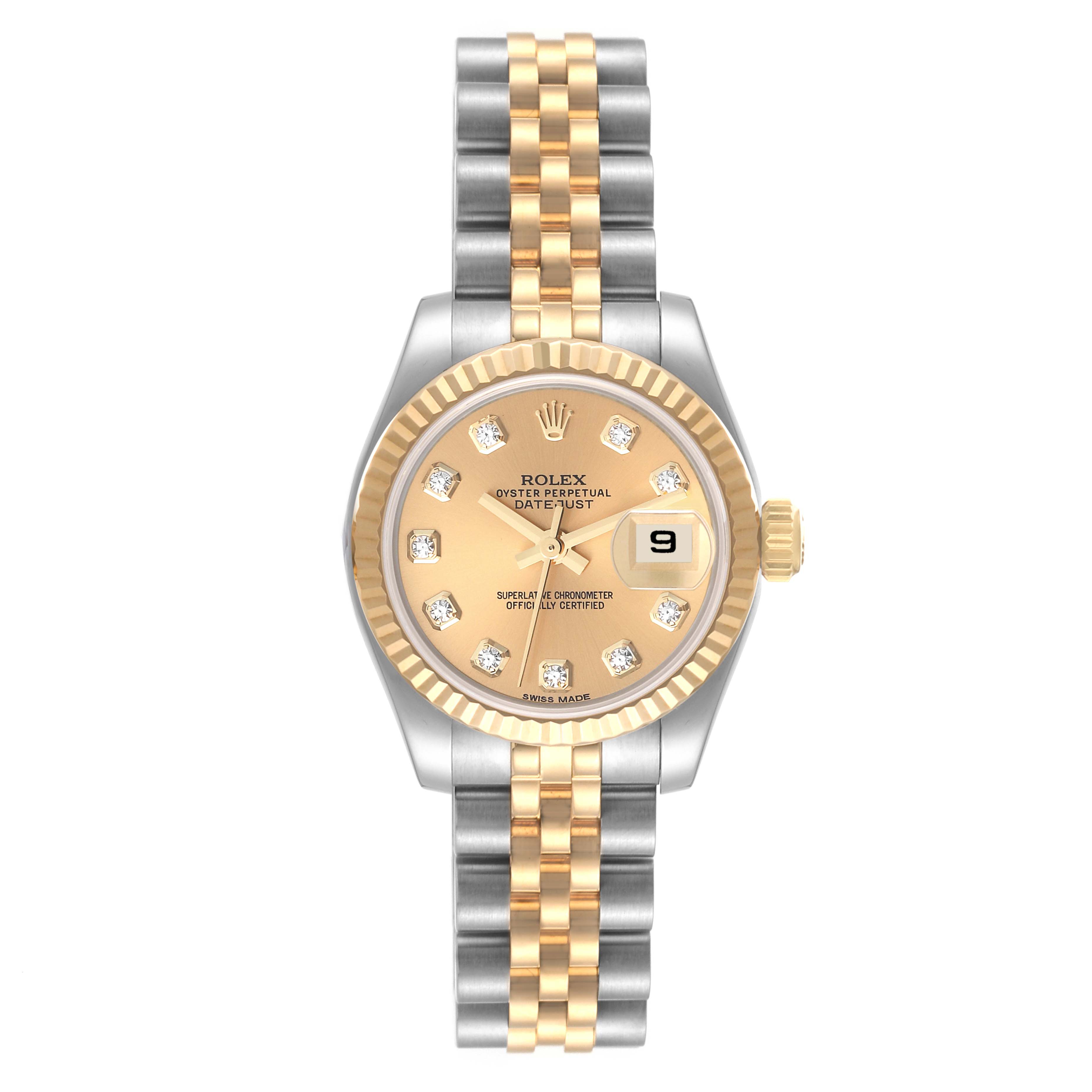 The image shows a front view of the Rolex Datejust 179173 Women's Steel and Gold (two tone) Champagne Dial 179173 Women's Steel and Gold (two tone) Champagne Dial watch with a two-tone bracelet and a gold dial.