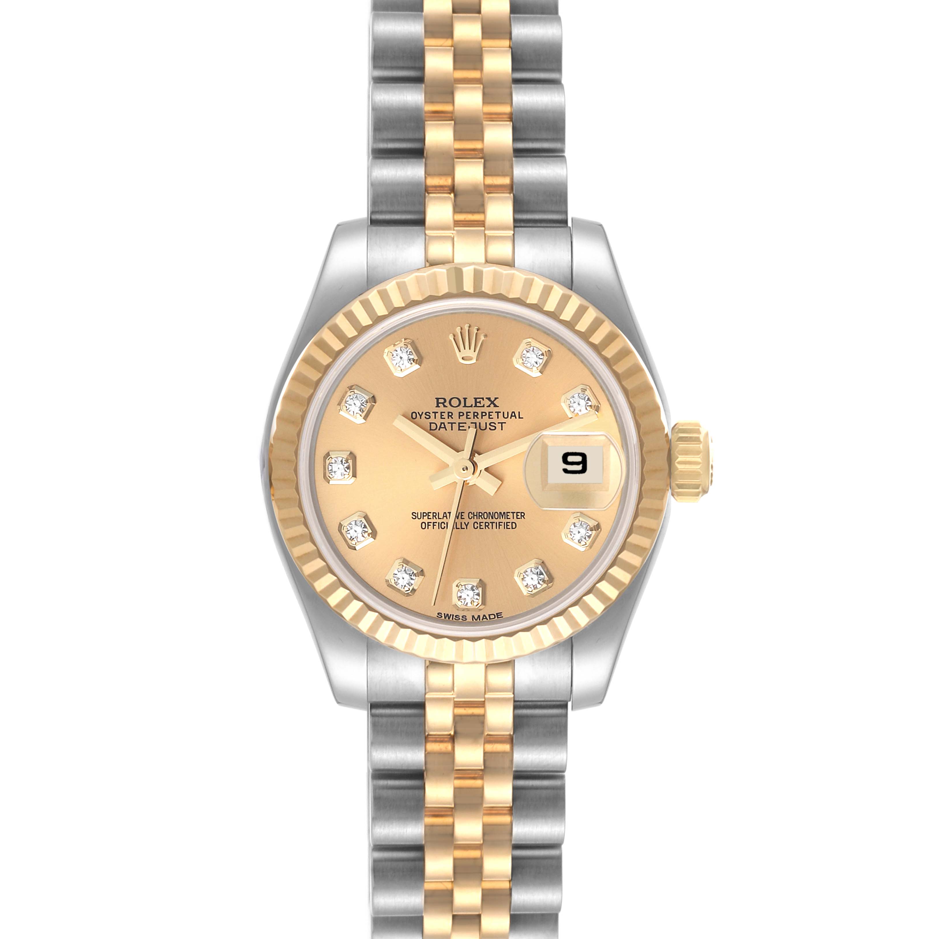 This Rolex Datejust 179173 Women's Steel and Gold (two tone) Champagne Dial 179173 Women's Steel and Gold (two tone) Champagne Dial watch is pictured from the front, showing its face, dial, bezel, and bracelet.