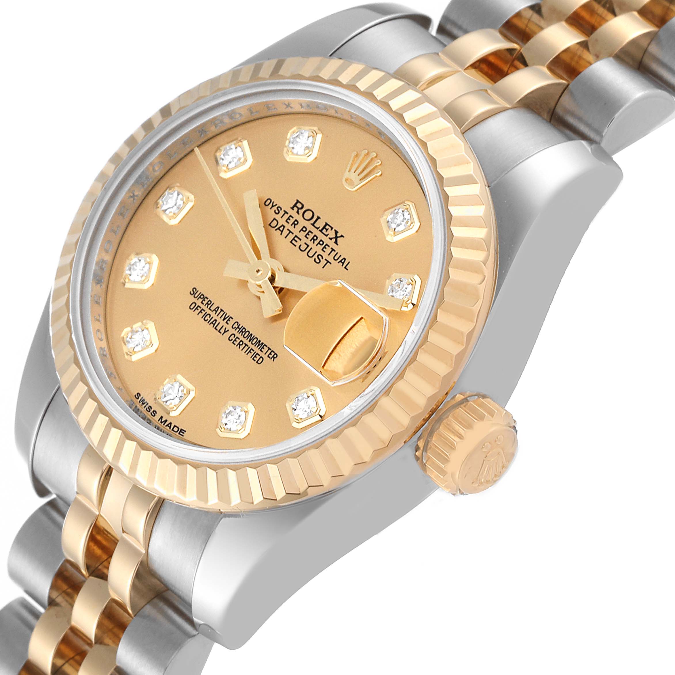 The image shows a close-up of the Rolex Datejust 179173 Women's Steel and Gold (two tone) Champagne Dial 179173 Women's Steel and Gold (two tone) Champagne Dial watch from an angled view, highlighting the face, bezel, and partial bracelet.