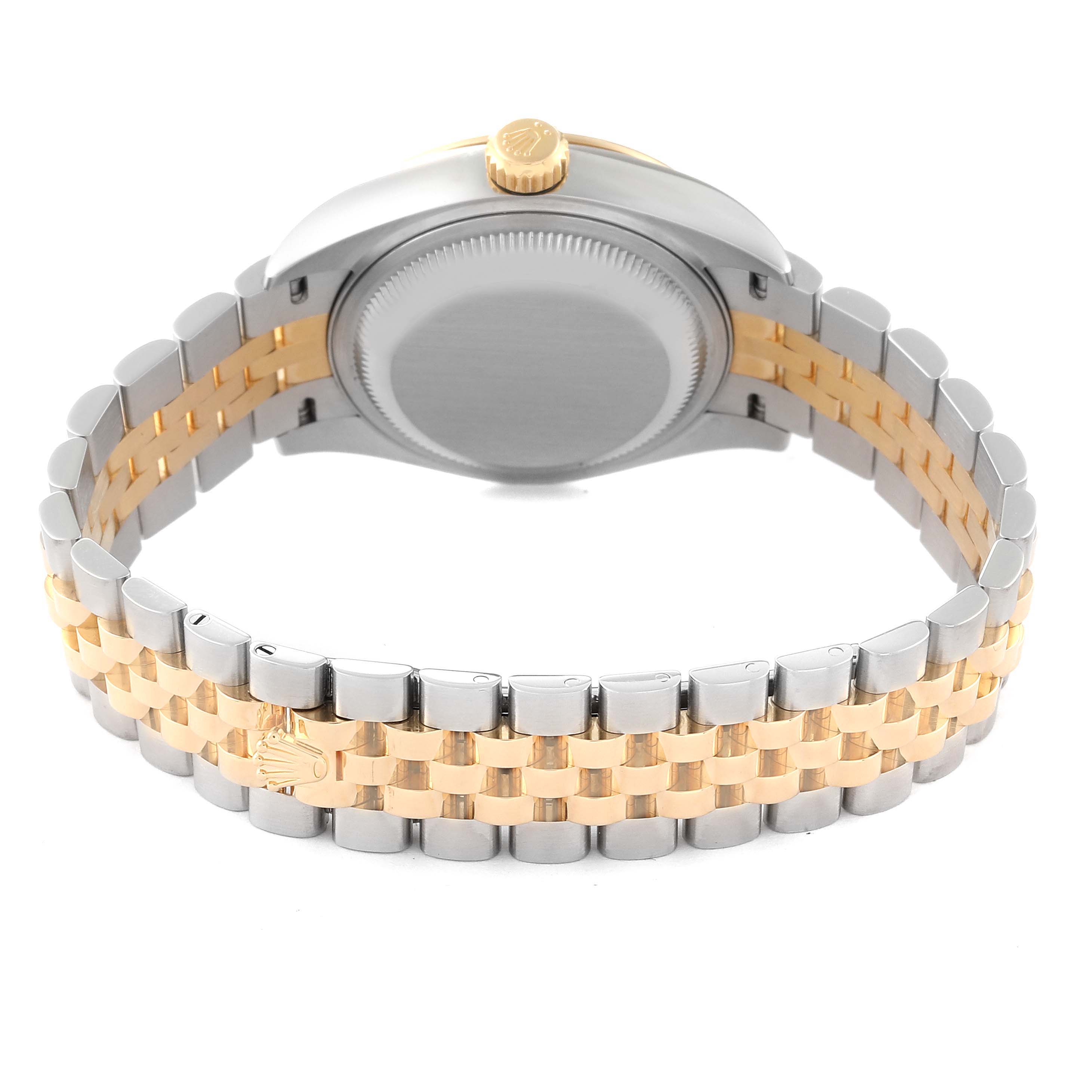 This image shows the back of the Rolex Datejust 279173 Women's Steel and Gold (two tone) Champagne Dial 279173 Women's Steel and Gold (two tone) Champagne Dial watch, including the case, crown, and two-tone bracelet.