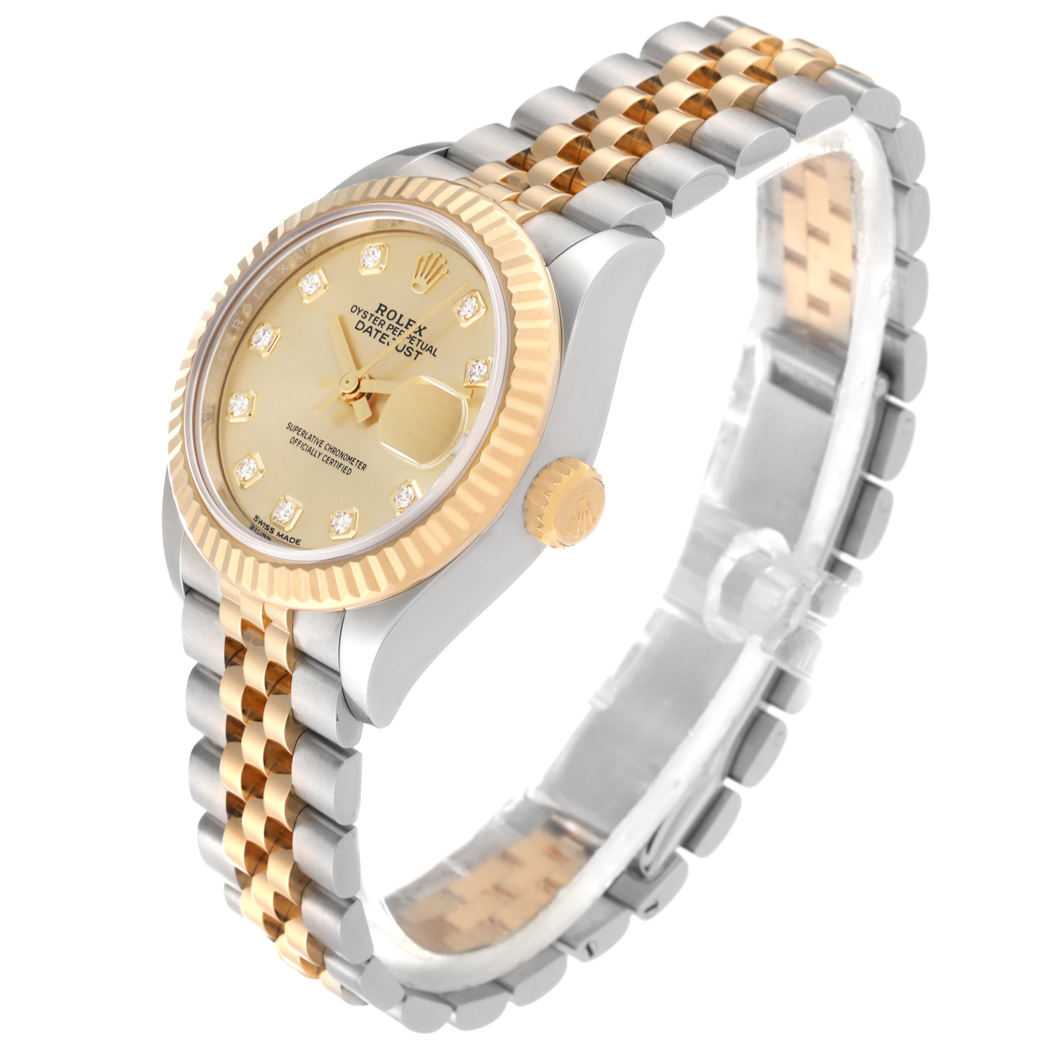 This Rolex Datejust 279173 Women's Steel and Gold (two tone) Champagne Dial 279173 Women's Steel and Gold (two tone) Champagne Dial watch is shown at an angle highlighting the face, bezel, crown, and jubilee bracelet.