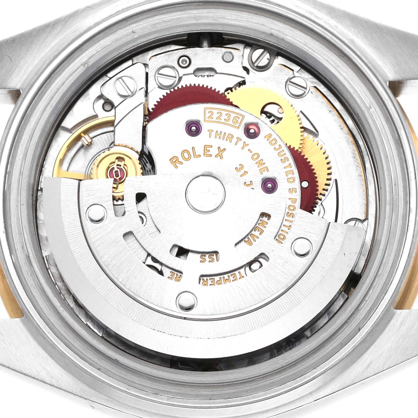 This is the back view of the Rolex Datejust 279173 Women's Steel and Gold (two tone) Champagne Dial 279173 Women's Steel and Gold (two tone) Champagne Dial model, showcasing its intricate movement mechanism.