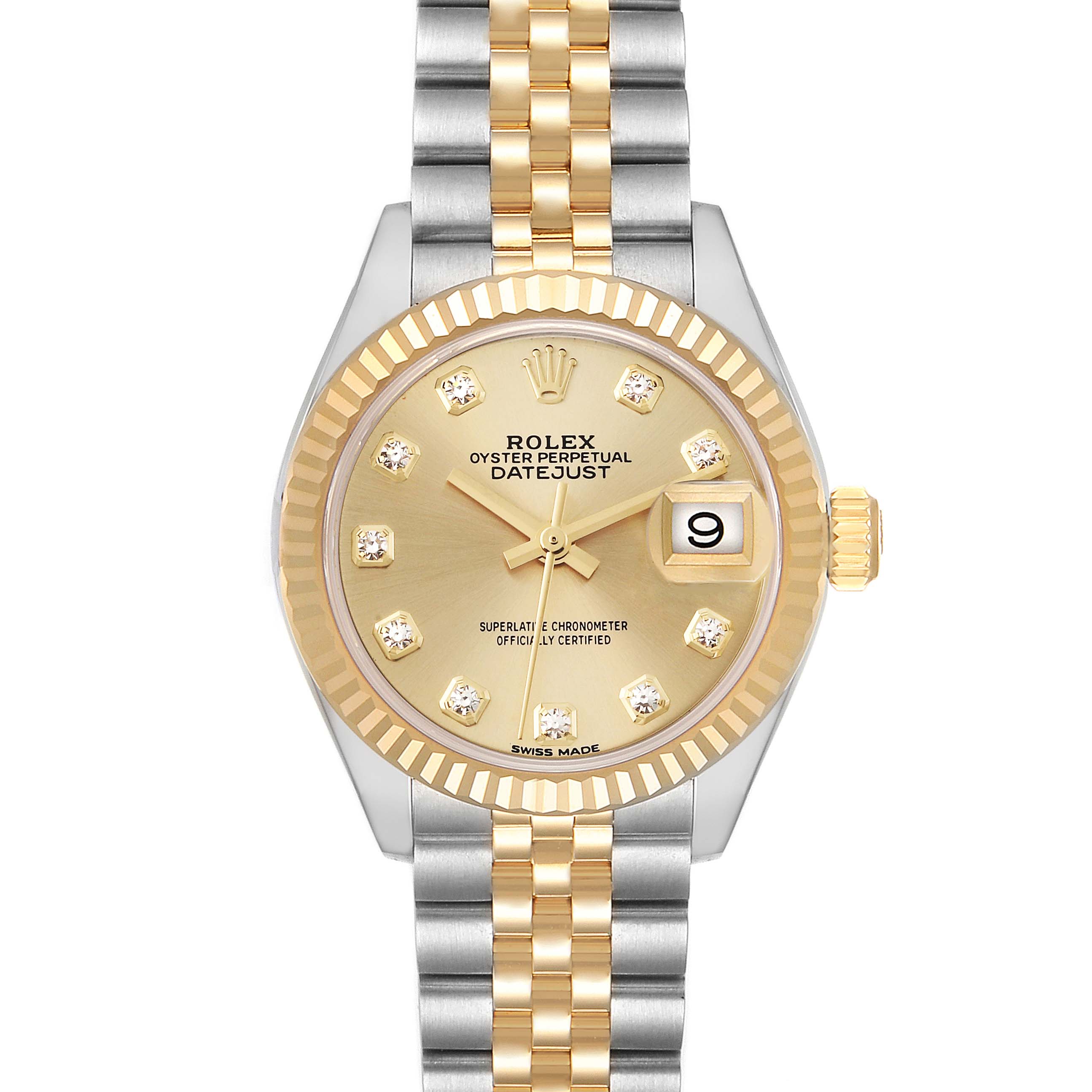The image showcases a Rolex Datejust 279173 Women's Steel and Gold (two tone) Champagne Dial 279173 Women's Steel and Gold (two tone) Champagne Dial watch in a frontal view, highlighting its gold dial, diamond hour markers, and two-tone bracelet.