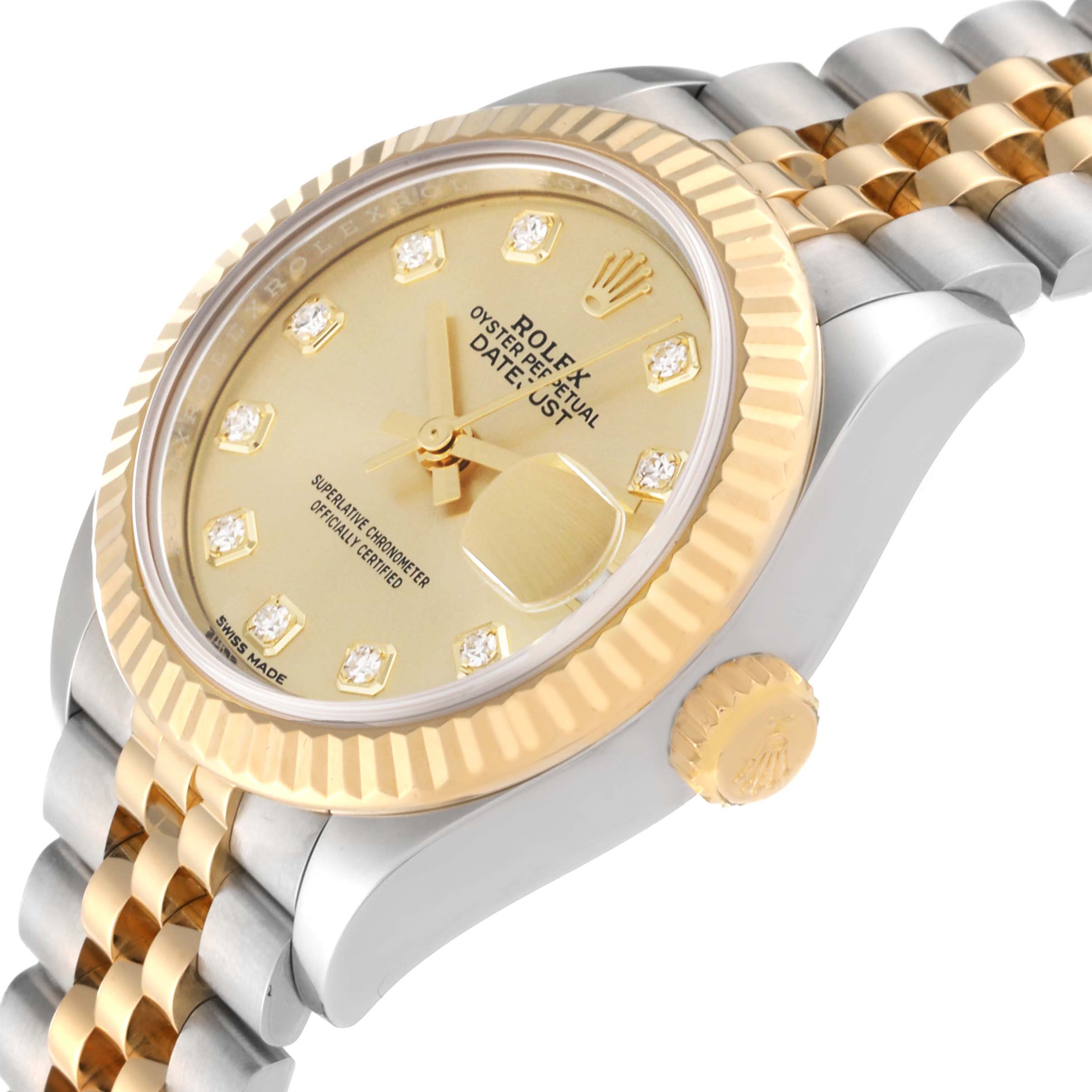 The image shows a side angle of the Rolex Datejust 279173 Women's Steel and Gold (two tone) Champagne Dial 279173 Women's Steel and Gold (two tone) Champagne Dial watch, highlighting the dial, bezel, and part of the jubilee bracelet.