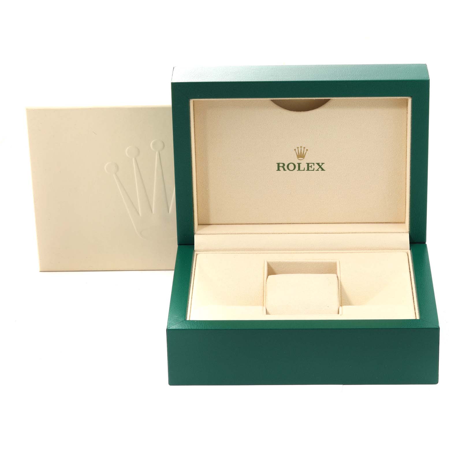 The image shows an open green and cream Rolex box for a Datejust model watch, with a crown emblem on the inner lid.