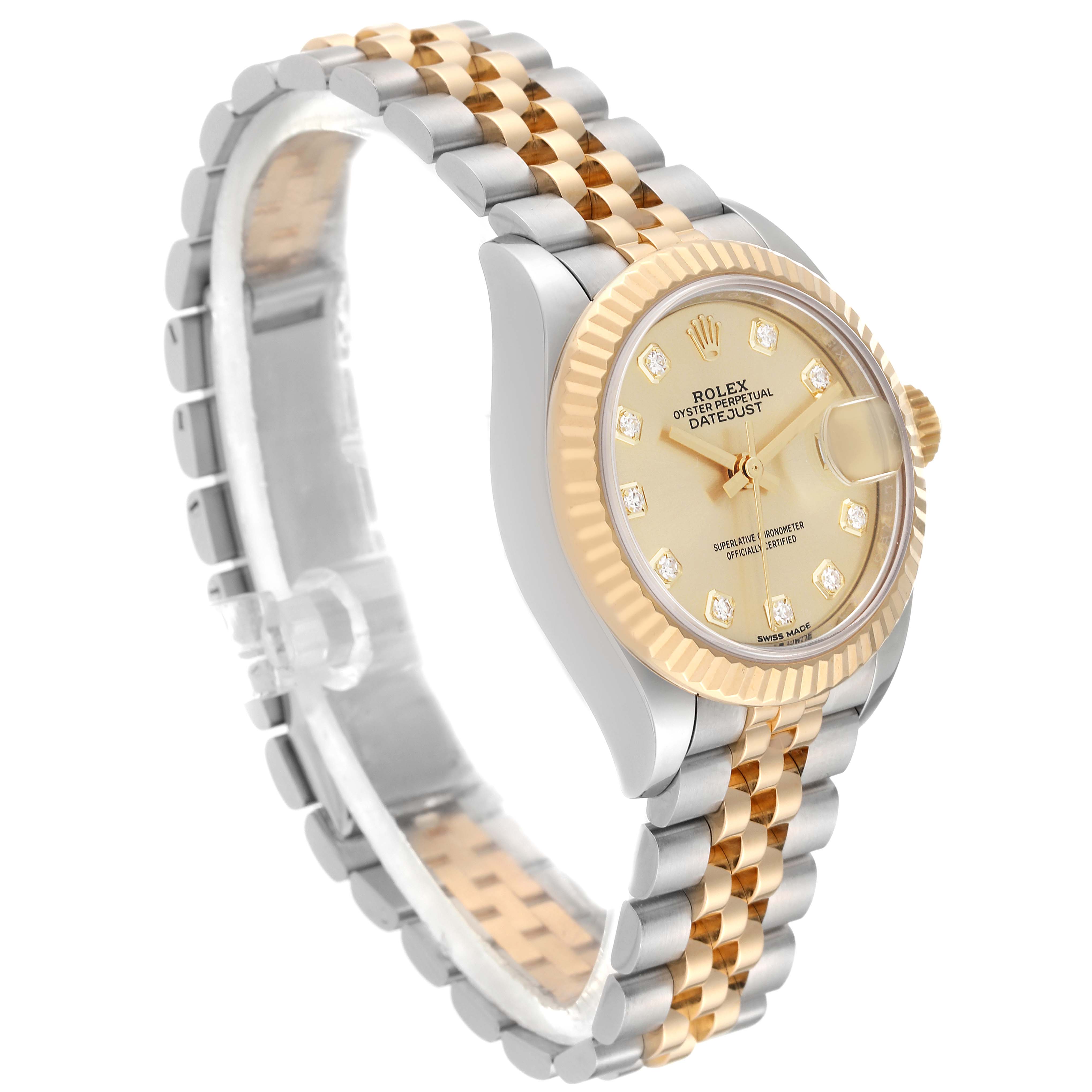 The image shows a Rolex Datejust 279173 Women's Steel and Gold (two tone) Champagne Dial 279173 Women's Steel and Gold (two tone) Champagne Dial watch at a three-quarter angle highlighting the gold and silver bracelet and the fluted bezel.