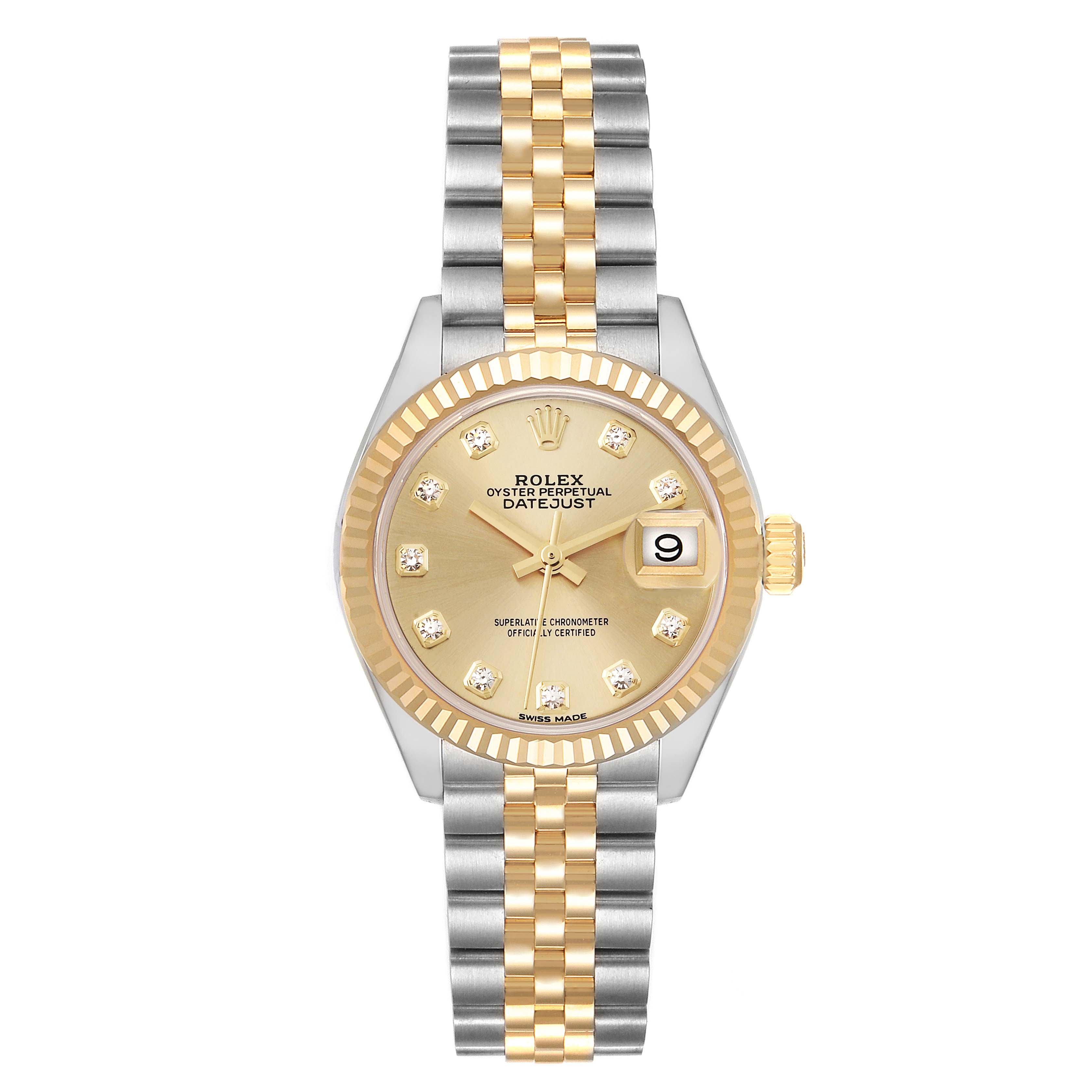 The image shows a front view of the Rolex Datejust 279173 Women's Steel and Gold (two tone) Champagne Dial 279173 Women's Steel and Gold (two tone) Champagne Dial watch with a gold dial and bi-metal bracelet.