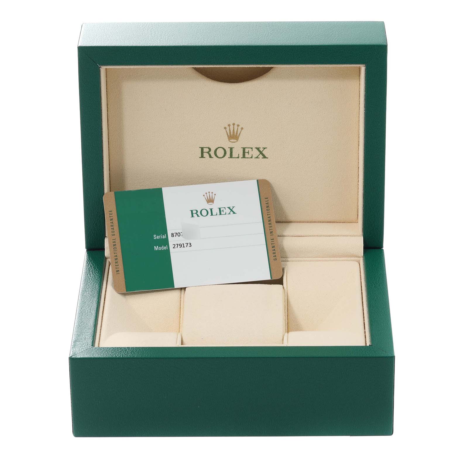 The image shows an open Rolex Datejust 279173 Women's Steel and Gold (two tone) Silver Dial 279173 Women's Steel and Gold (two tone) Silver Dial watch box at a frontal angle, displaying a warranty card inside.