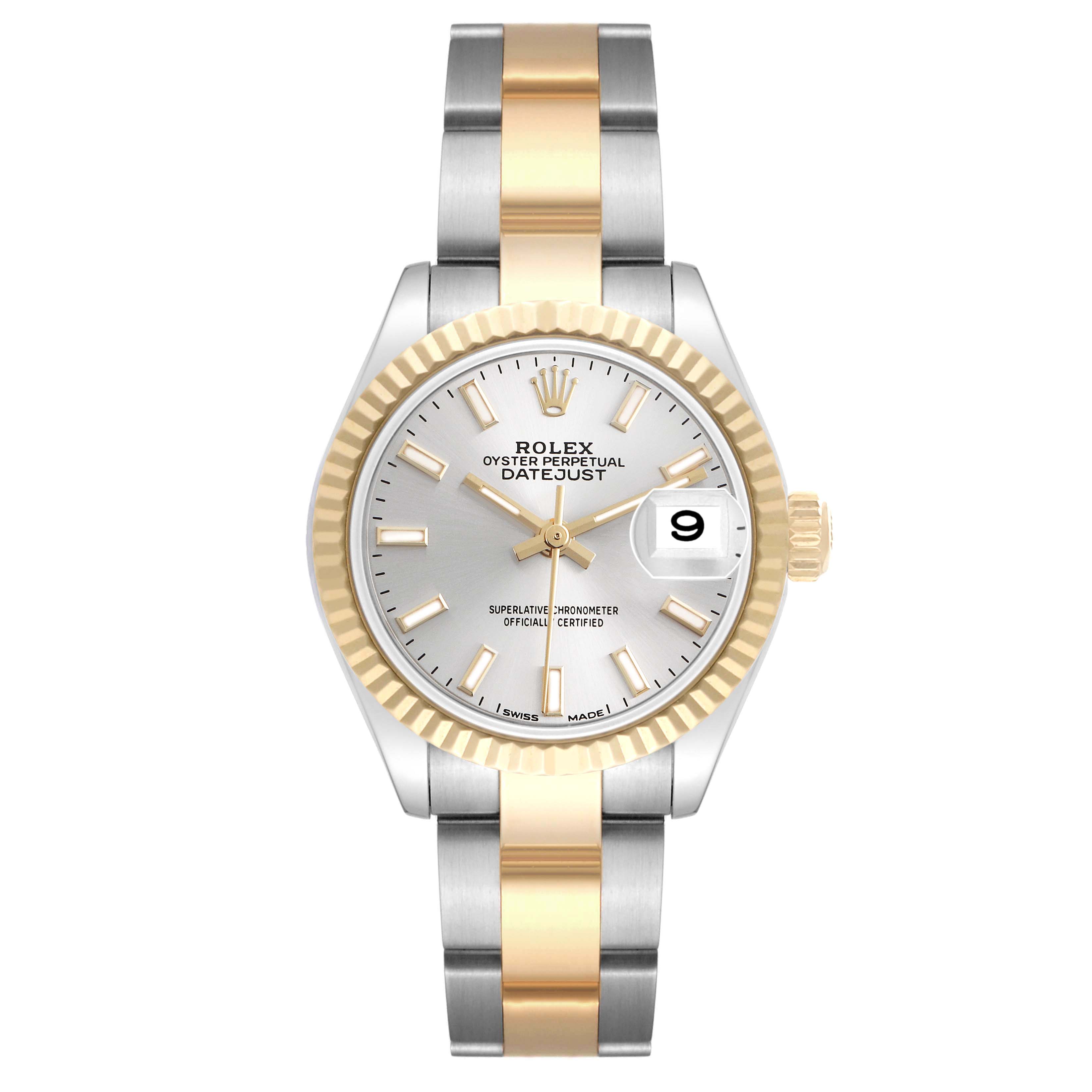 The Rolex Datejust 279173 Women's Steel and Gold (two tone) Silver Dial 279173 Women's Steel and Gold (two tone) Silver Dial watch is shown from a front angle, displaying the dial, bezel, bracelet, and date feature.