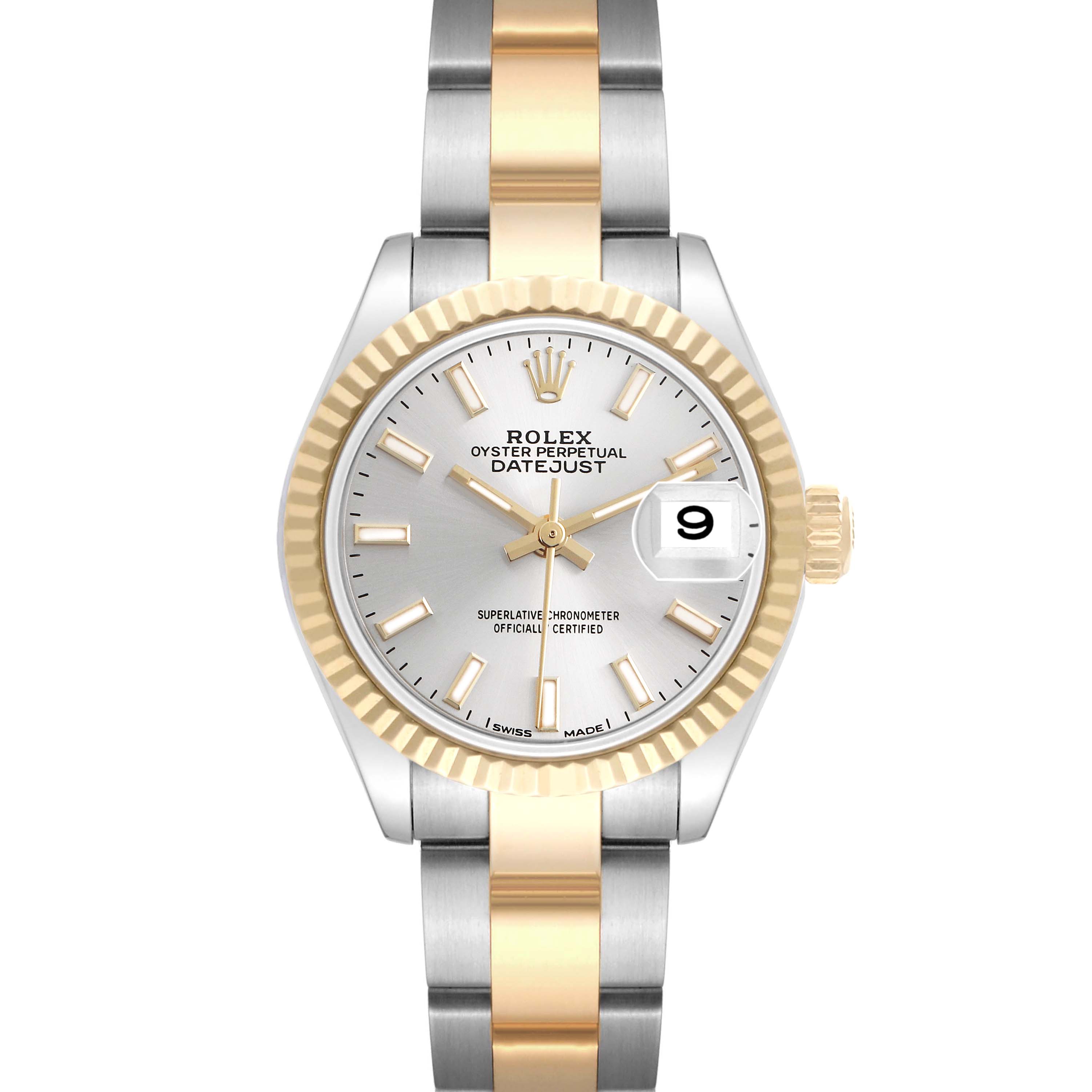 The Rolex Datejust 279173 Women's Steel and Gold (two tone) Silver Dial 279173 Women's Steel and Gold (two tone) Silver Dial watch is shown from a front angle, displaying its dial, fluted bezel, two-tone bracelet, and date window.