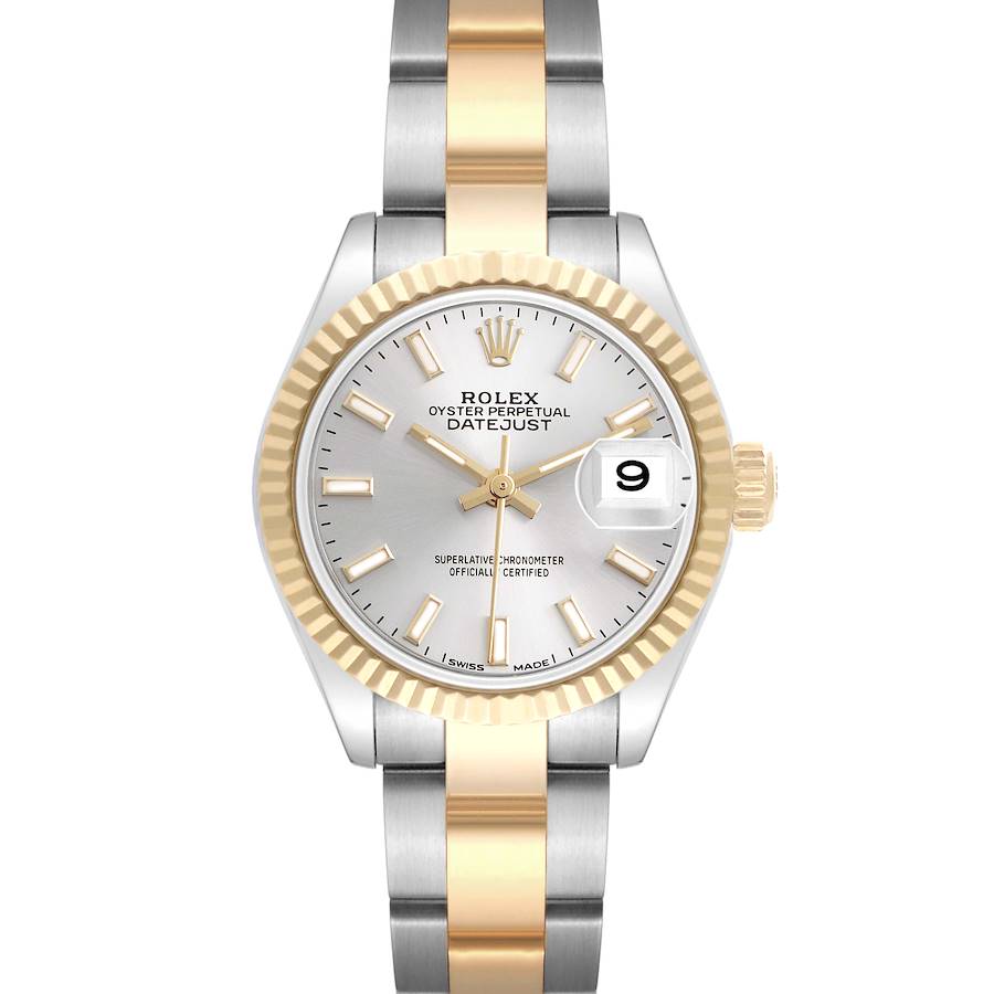 The Rolex Datejust watch is shown from a front angle, displaying its dial, fluted bezel, two-tone bracelet, and date window.