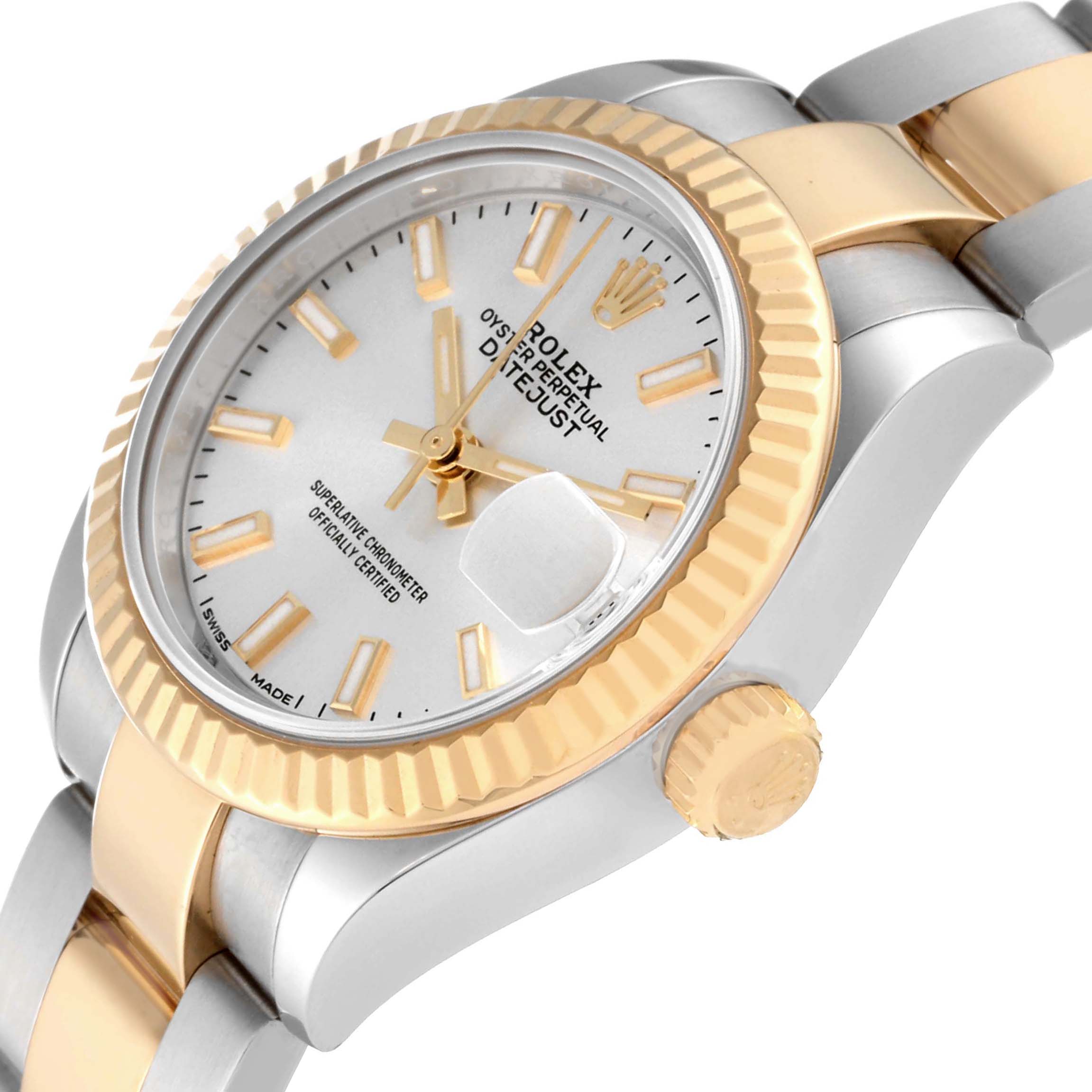 The Rolex Datejust 279173 Women's Steel and Gold (two tone) Silver Dial 279173 Women's Steel and Gold (two tone) Silver Dial watch is shown at an angle highlighting the dial, fluted bezel, two-tone bracelet, and crown.