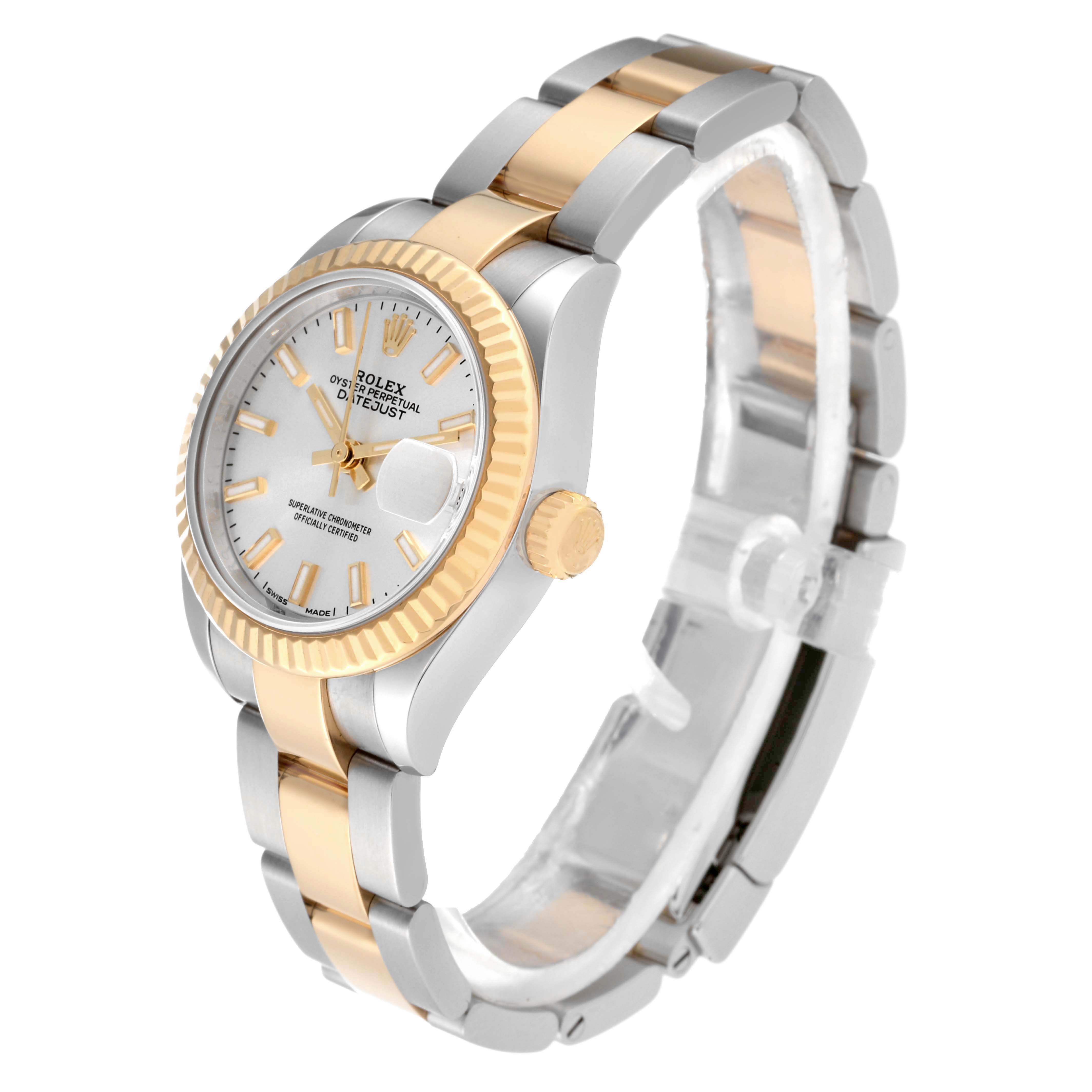 The Rolex Datejust 279173 Women's Steel and Gold (two tone) Silver Dial 279173 Women's Steel and Gold (two tone) Silver Dial is shown at a three-quarter angle, highlighting the dial, fluted bezel, crown, and two-tone bracelet.