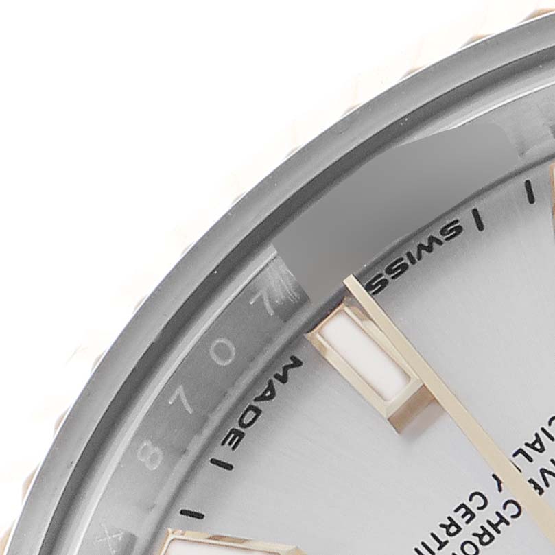 The image shows a close-up of the dial edge and part of the hour markers of a Rolex Datejust 279173 Women's Steel and Gold (two tone) Silver Dial 279173 Women's Steel and Gold (two tone) Silver Dial watch.