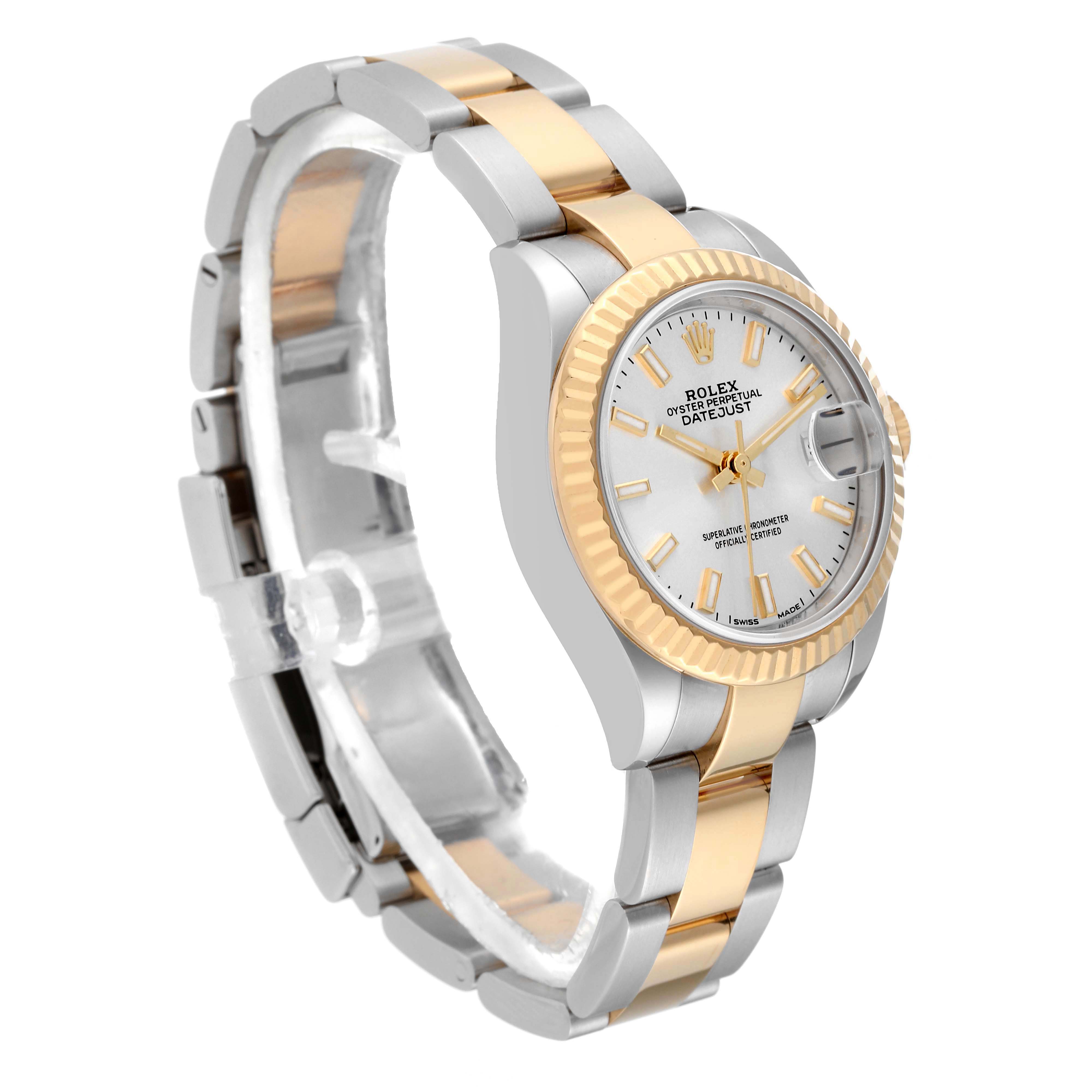 The Rolex Datejust 279173 Women's Steel and Gold (two tone) Silver Dial 279173 Women's Steel and Gold (two tone) Silver Dial watch is shown at a slight angle, highlighting its two-tone bracelet and fluted bezel.