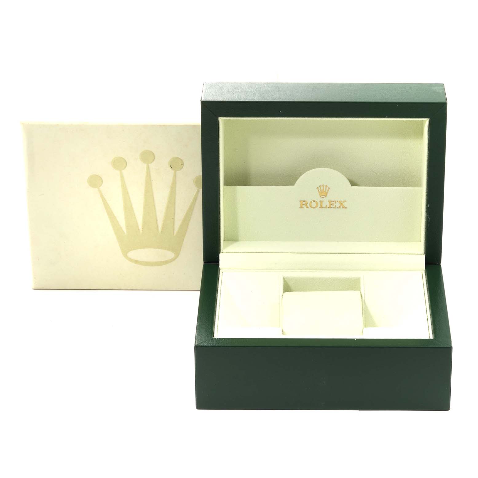 The image shows an empty Rolex Datejust 116200 Men's Stainless Steel Black Dial 116200 Men's Stainless Steel Black Dial watch box, including the outer sleeve, box, and interior compartments.