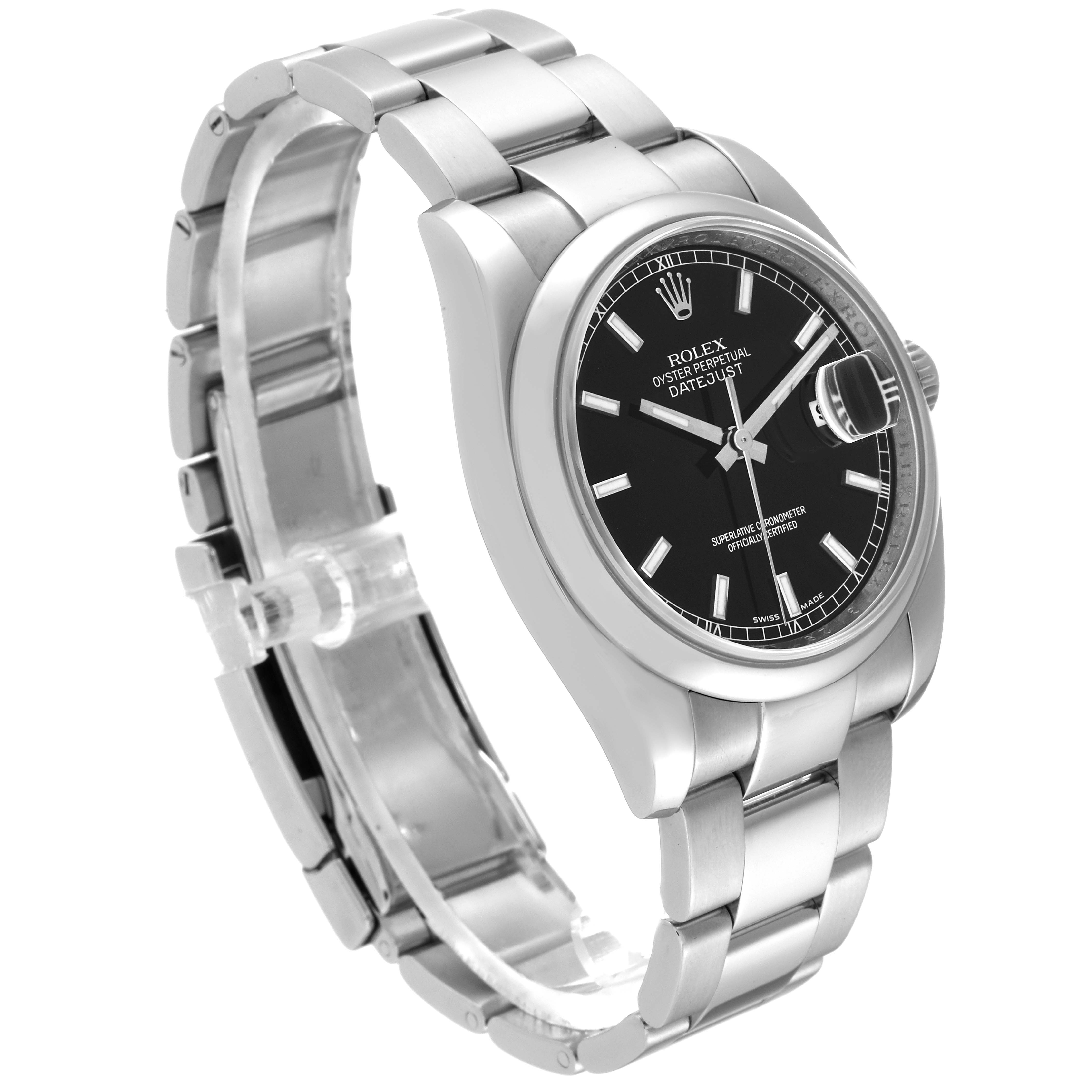 This image shows a side angle of the Rolex Datejust 116200 Men's Stainless Steel Black Dial 116200 Men's Stainless Steel Black Dial watch, highlighting the case, bracelet, dial, and date magnifier.