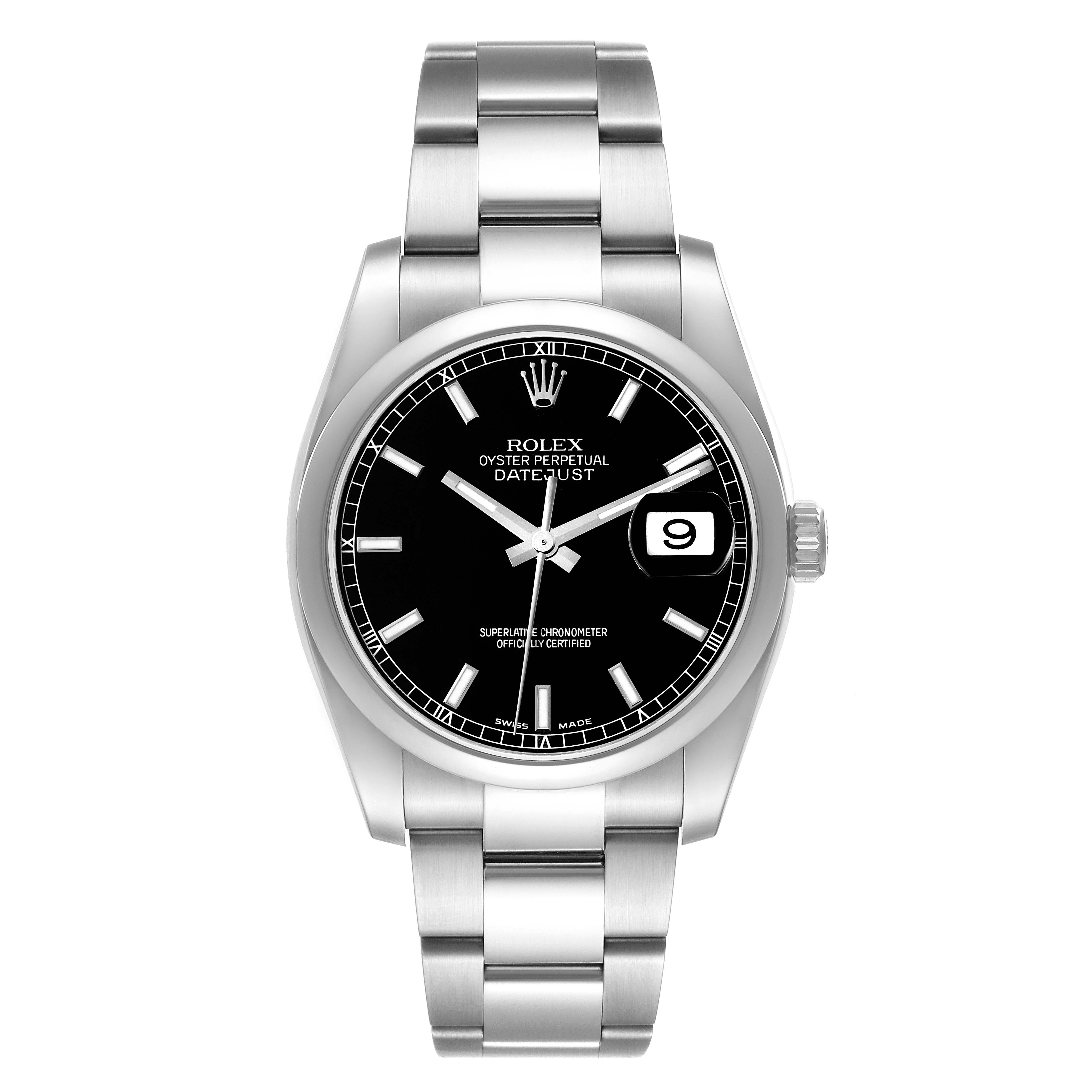 The image shows a front view of a Rolex Datejust 116200 Men's Stainless Steel Black Dial 116200 Men's Stainless Steel Black Dial watch, highlighting the dial, hands, date window, and bracelet.