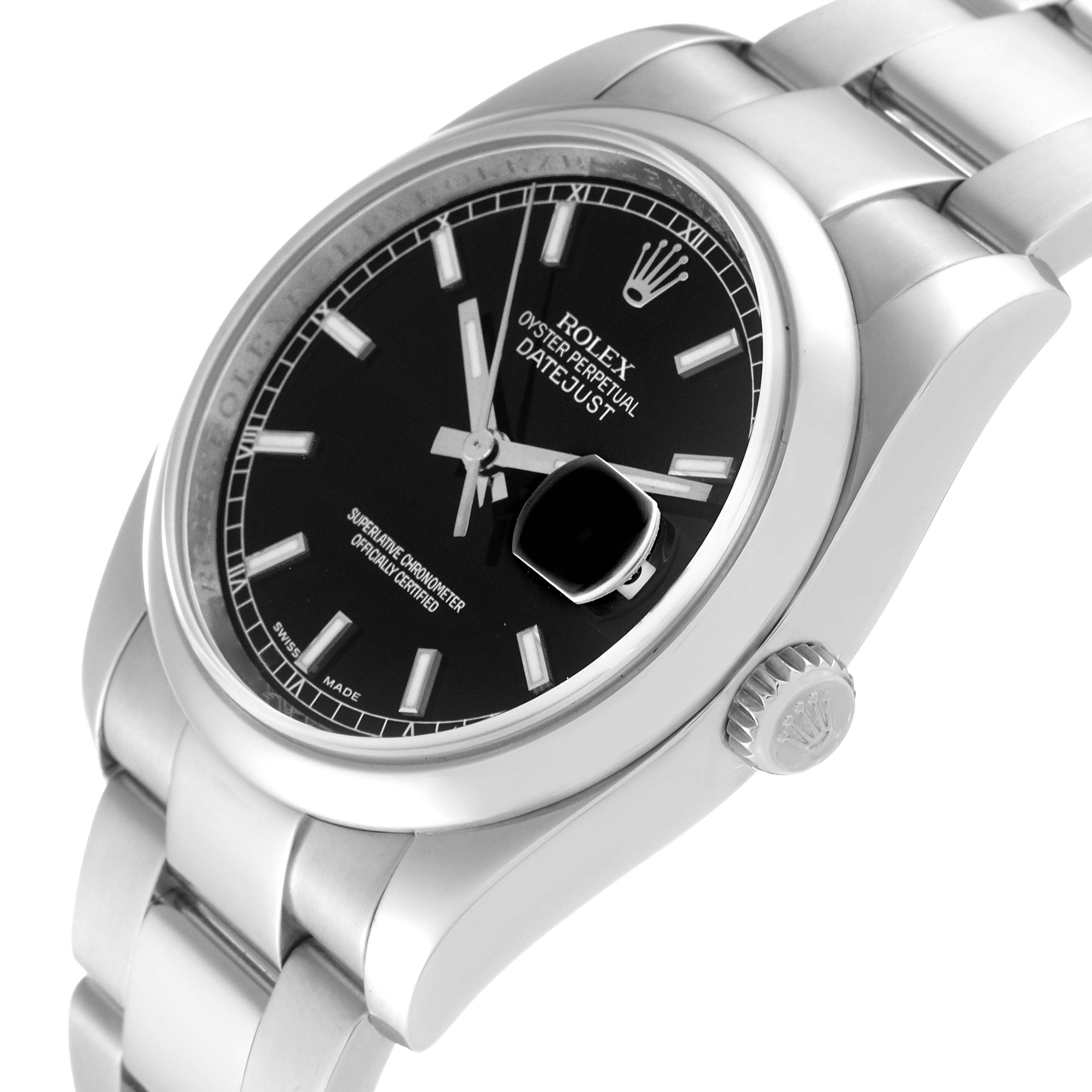 The image shows a side angle view of a Rolex Datejust 116200 Men's Stainless Steel Black Dial 116200 Men's Stainless Steel Black Dial watch, highlighting its dial, bezel, and bracelet.