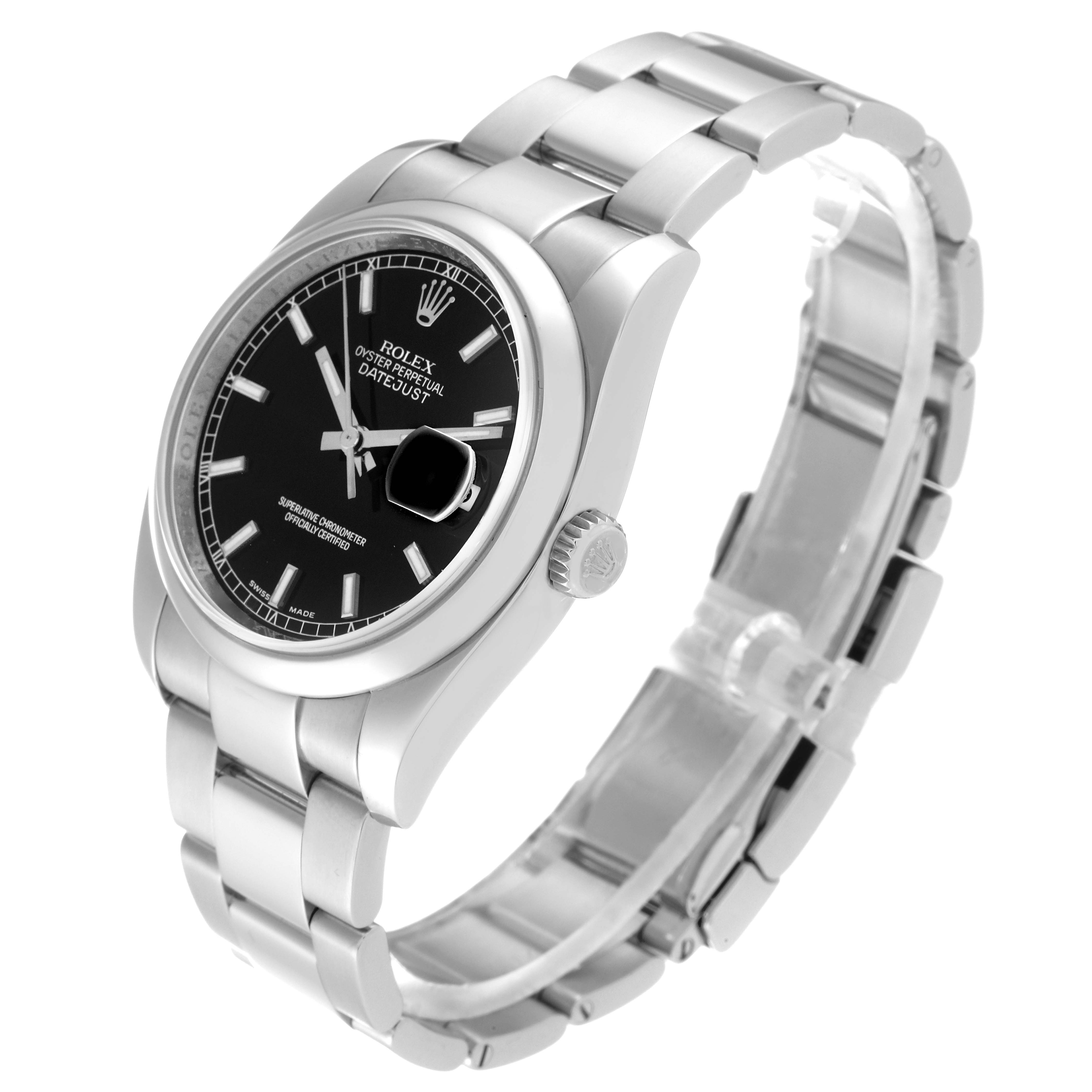 The image shows a Rolex Datejust 116200 Men's Stainless Steel Black Dial 116200 Men's Stainless Steel Black Dial watch at an angle displaying the face, crown, and bracelet.