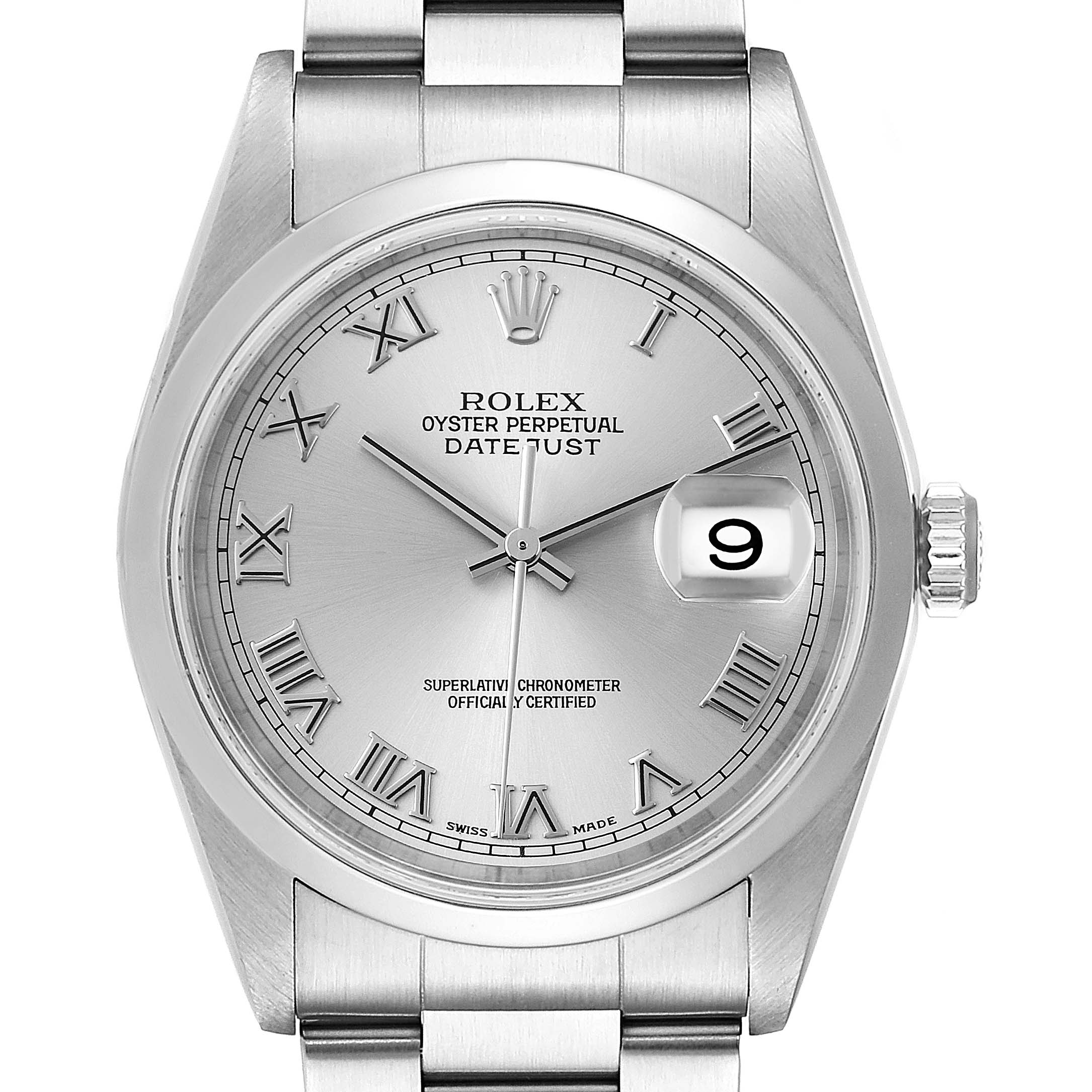 This image shows a front view of the Rolex Datejust 16200 Men's Stainless Steel Silver Dial 16200 Men's Stainless Steel Silver Dial watch, highlighting the dial, Roman numerals, date window, and part of the bracelet.