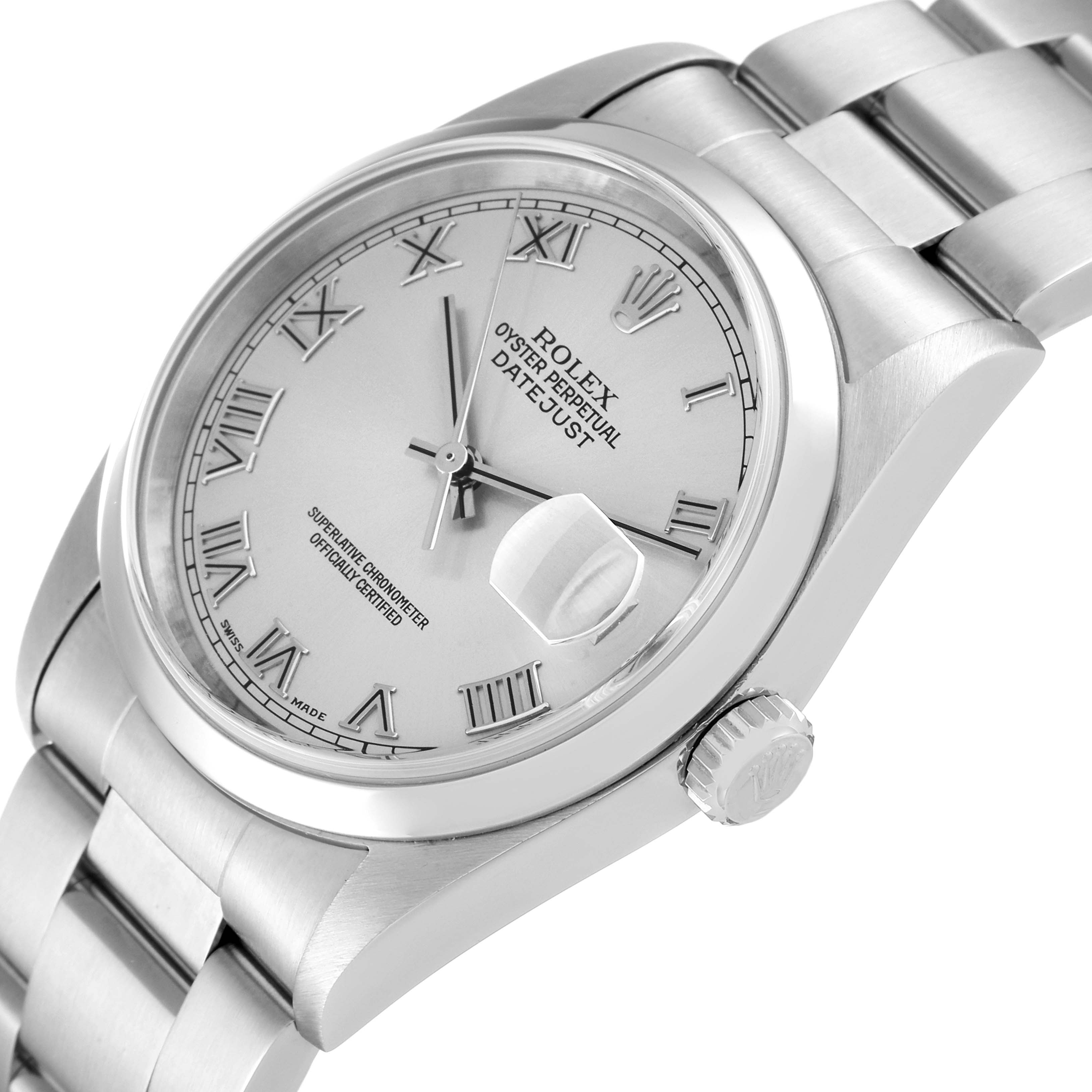 The image shows a close-up angled view of a Rolex Datejust 16200 Men's Stainless Steel Silver Dial 16200 Men's Stainless Steel Silver Dial watch face and bracelet.