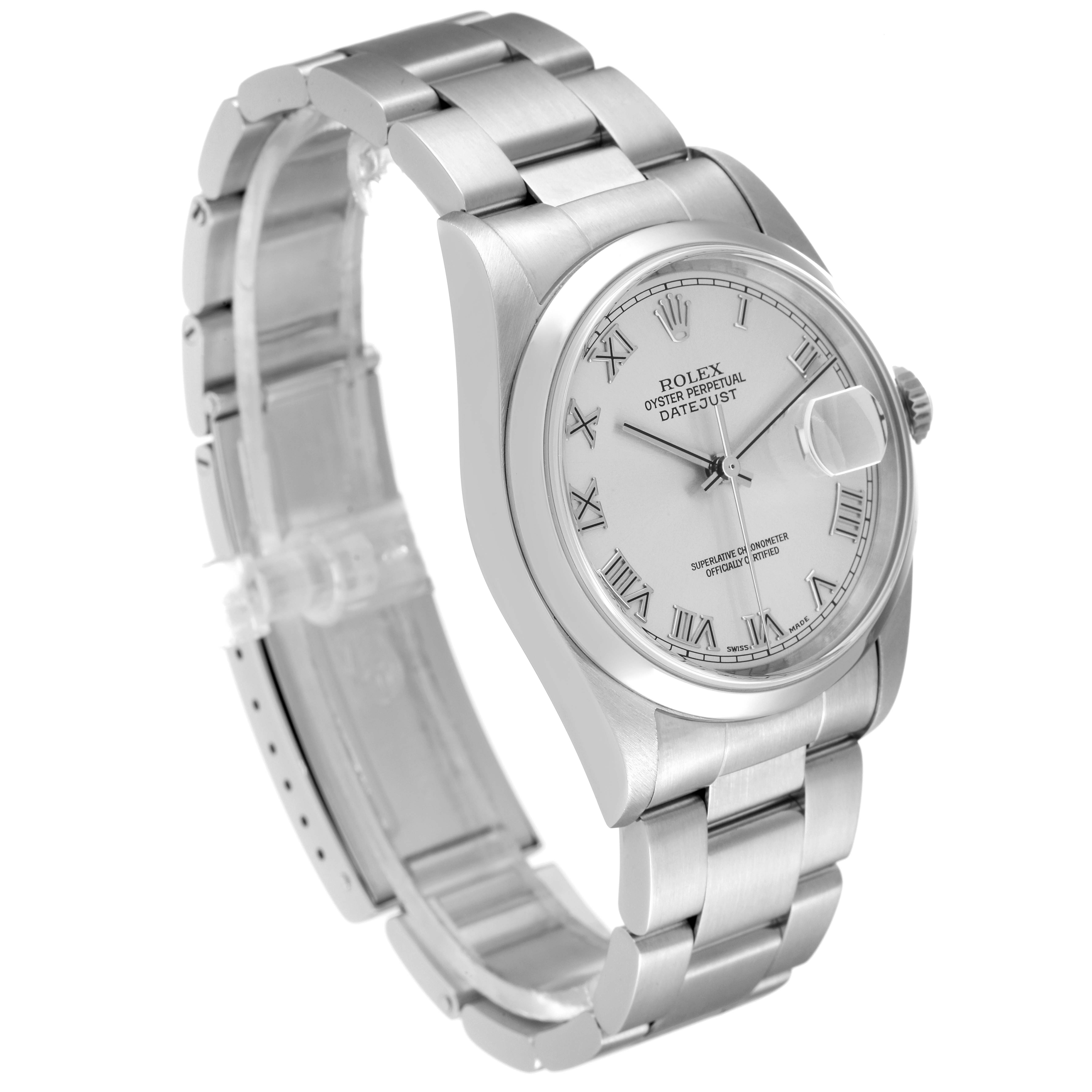 The Rolex Datejust 16200 Men's Stainless Steel Silver Dial 16200 Men's Stainless Steel Silver Dial watch is shown at a slight angle, displaying its face, bezel, and bracelet.