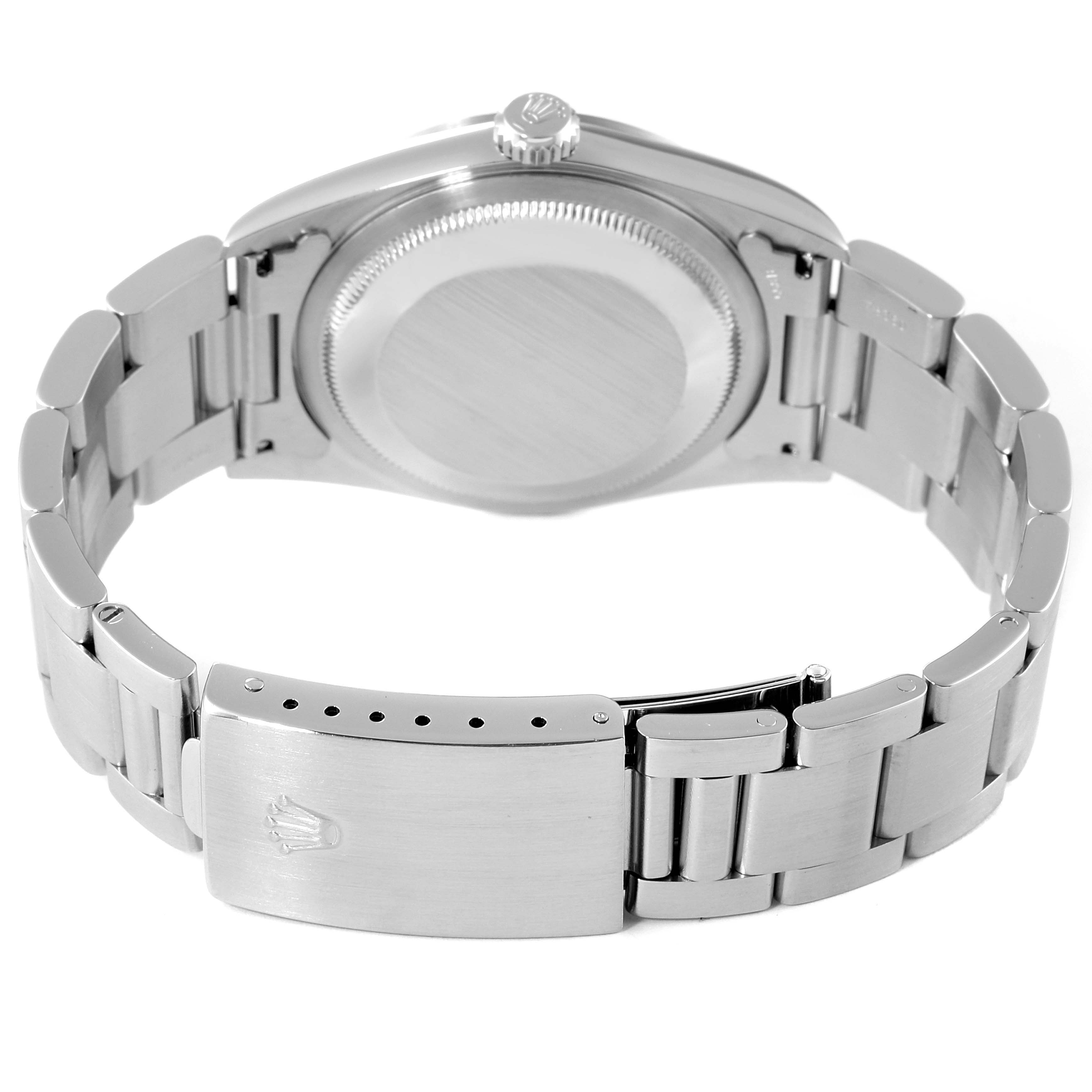 The image displays the back view of a Rolex Datejust 16200 Men's Stainless Steel Silver Dial 16200 Men's Stainless Steel Silver Dial watch focusing on the clasp, bracelet, and case back.