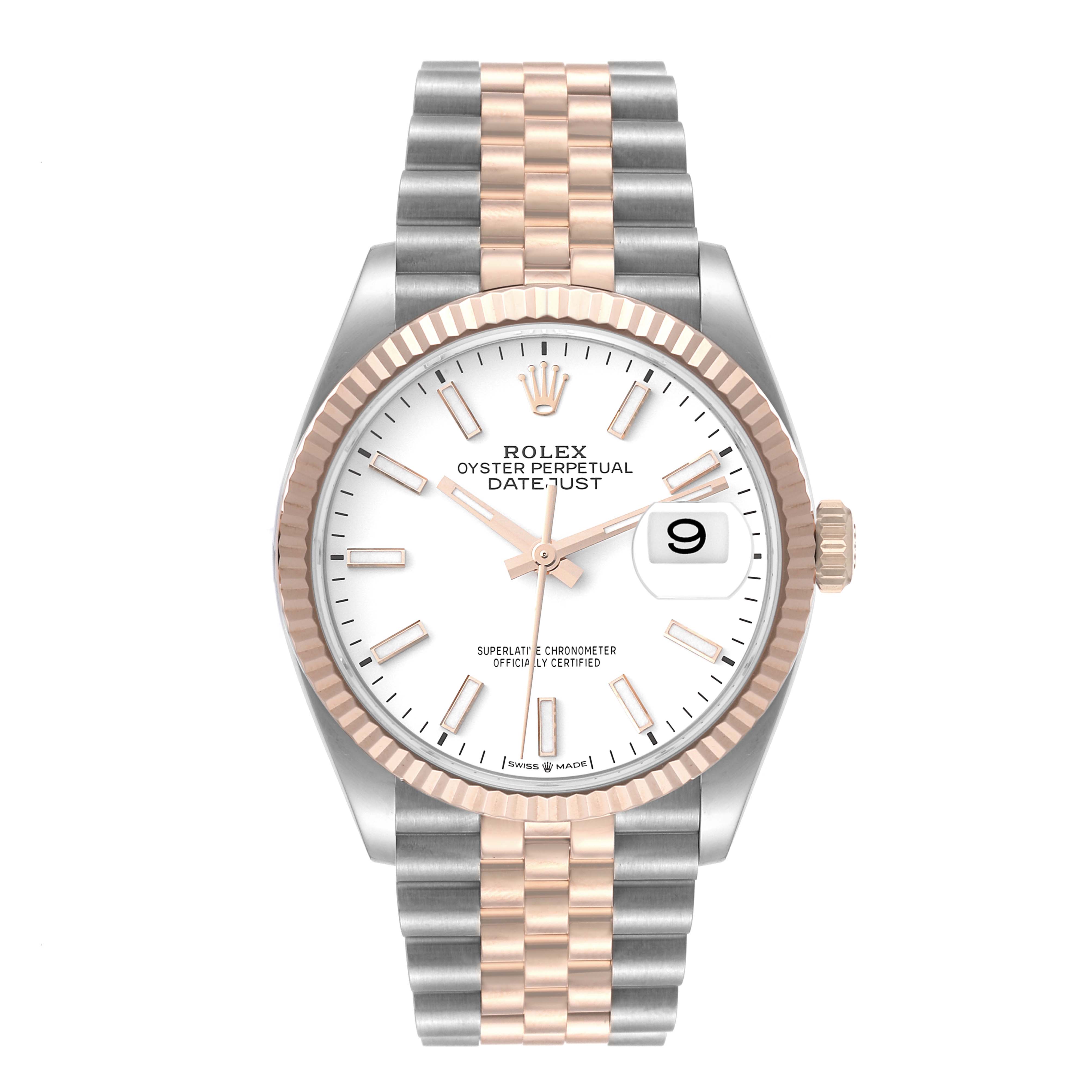 The Rolex Datejust 126231 Men's Steel and Gold (two tone) White Dial 126231 Men's Steel and Gold (two tone) White Dial watch is shown from a top view, displaying its face, bezel, case, crown, and bracelet.