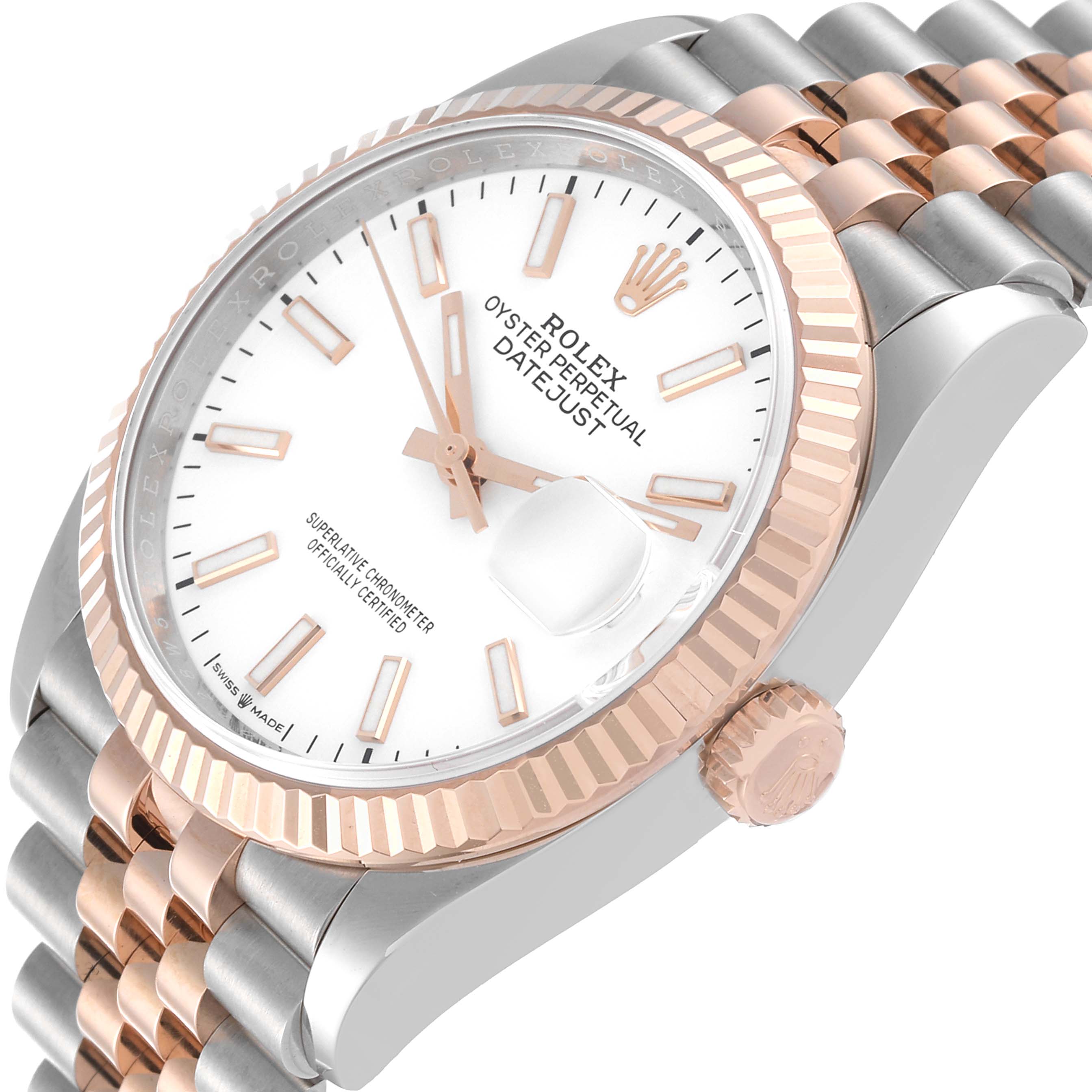 This image shows a close-up angle of a Rolex Datejust 126231 Men's Steel and Gold (two tone) White Dial 126231 Men's Steel and Gold (two tone) White Dial watch, focusing on the dial, bezel, crown, and part of the bracelet.