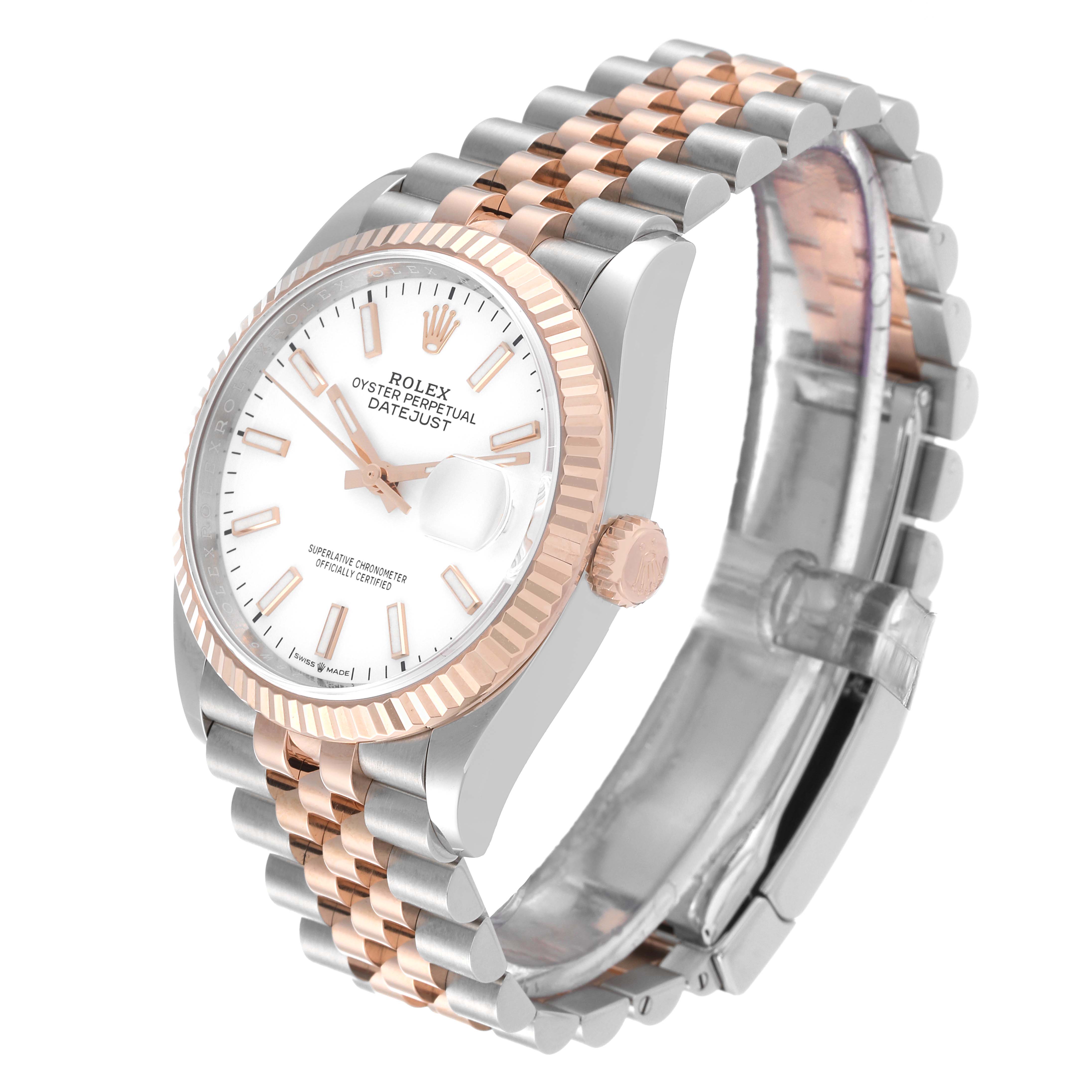 This Rolex Datejust 126231 Men's Steel and Gold (two tone) White Dial 126231 Men's Steel and Gold (two tone) White Dial watch is shown at a three-quarter angle displaying its face, bezel, and bracelet.