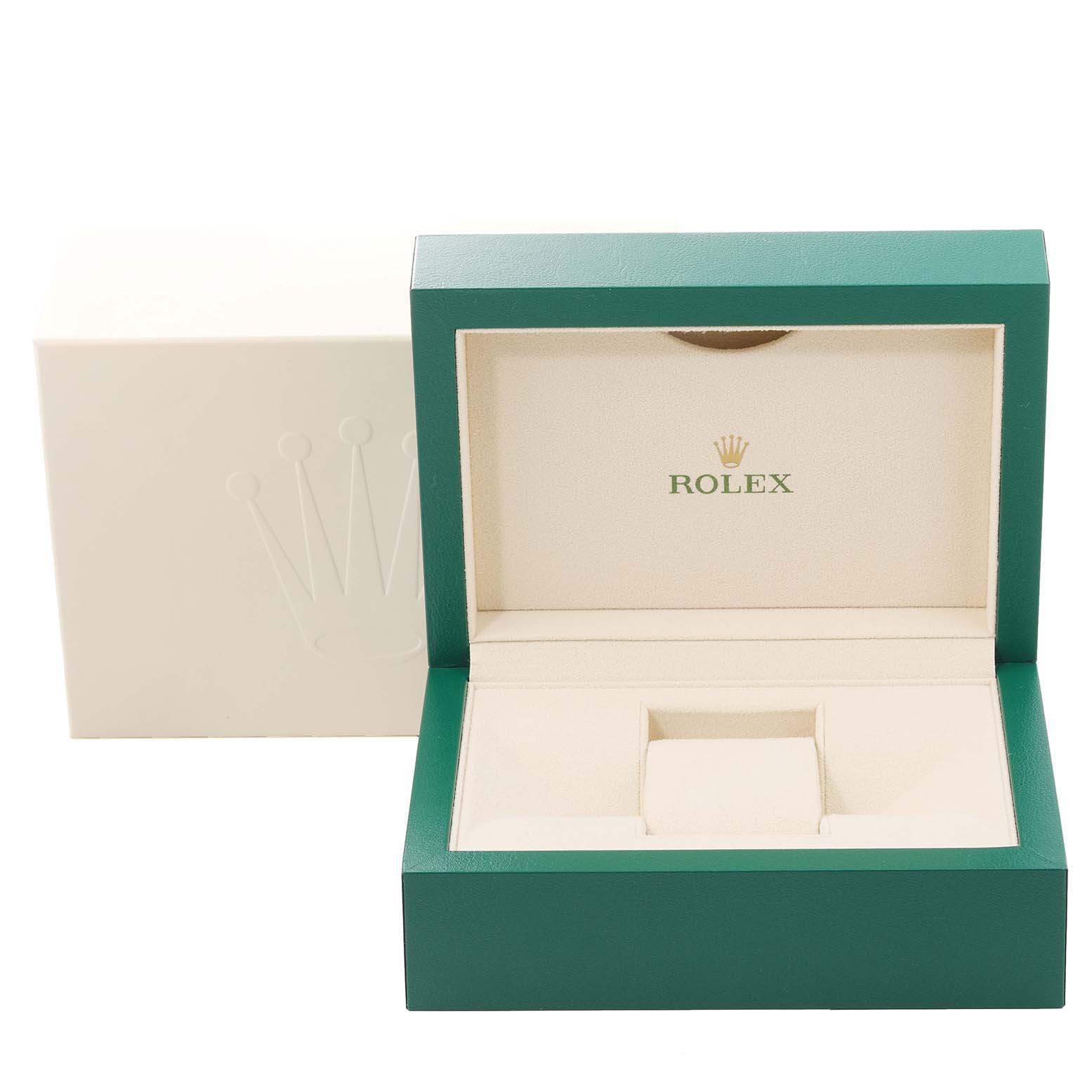 This image shows an open green and beige Rolex Datejust 126231 Men's Steel and Gold (two tone) White Dial 126231 Men's Steel and Gold (two tone) White Dial watch box with the logo visible inside.