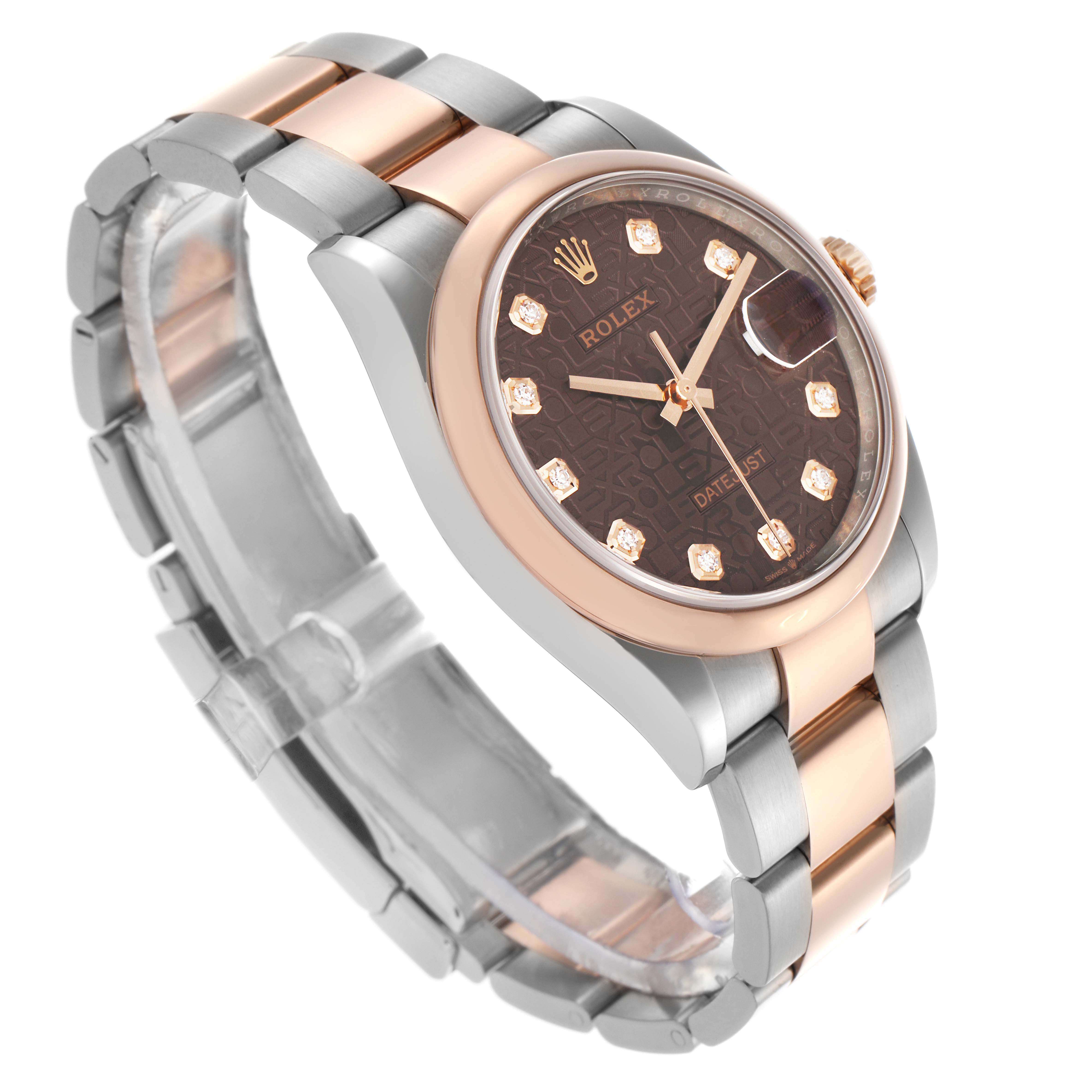 The Rolex Datejust 126201G Men's Steel and Gold (two tone) Brown Dial 126201G Men's Steel and Gold (two tone) Brown Dial watch is shown at a three-quarter angle, highlighting the face, bezel, and bracelet.