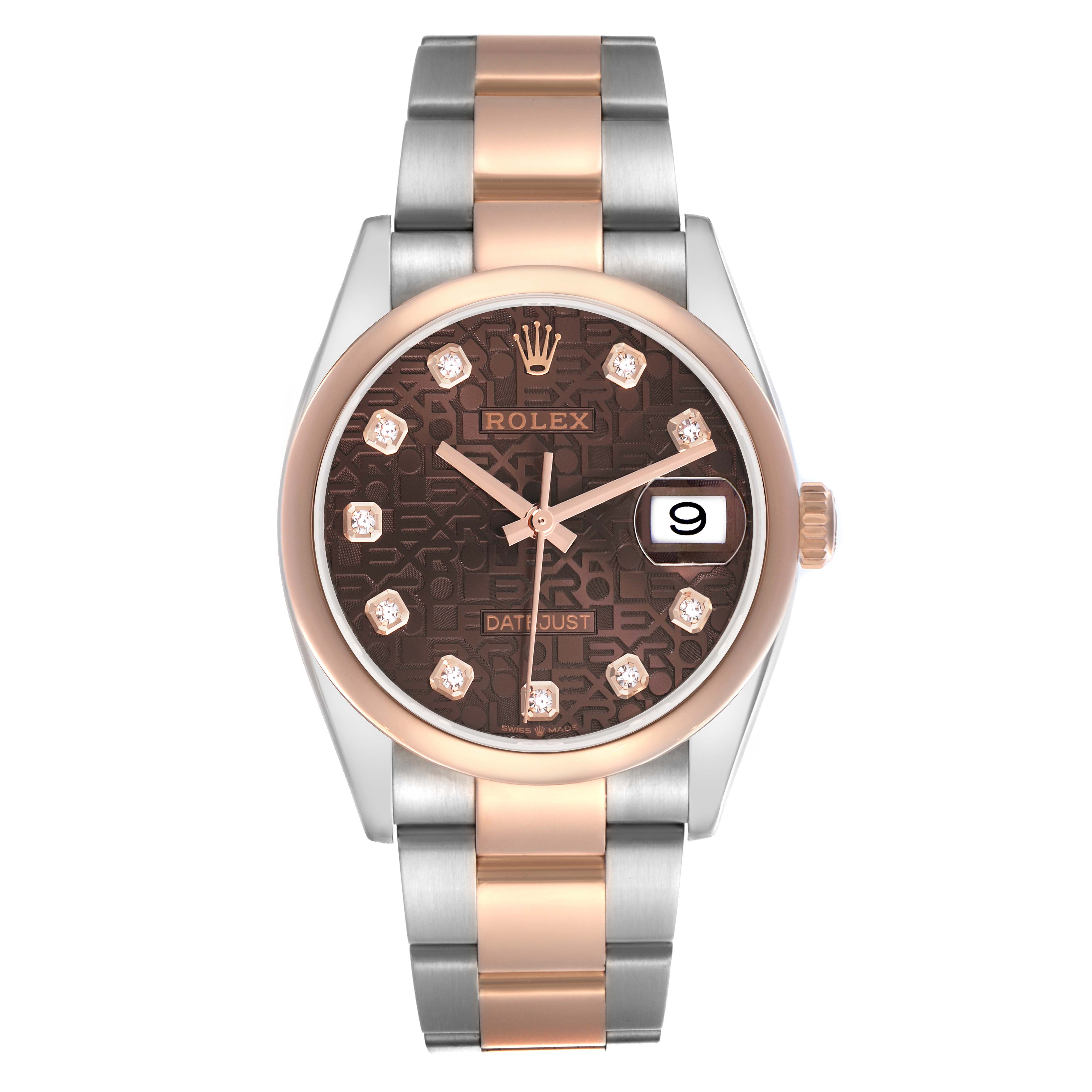 The Rolex Datejust 126201G Men's Steel and Gold (two tone) Brown Dial 126201G Men's Steel and Gold (two tone) Brown Dial watch is shown from a top view, highlighting its face, bezel, two-tone bracelet, and crown.
