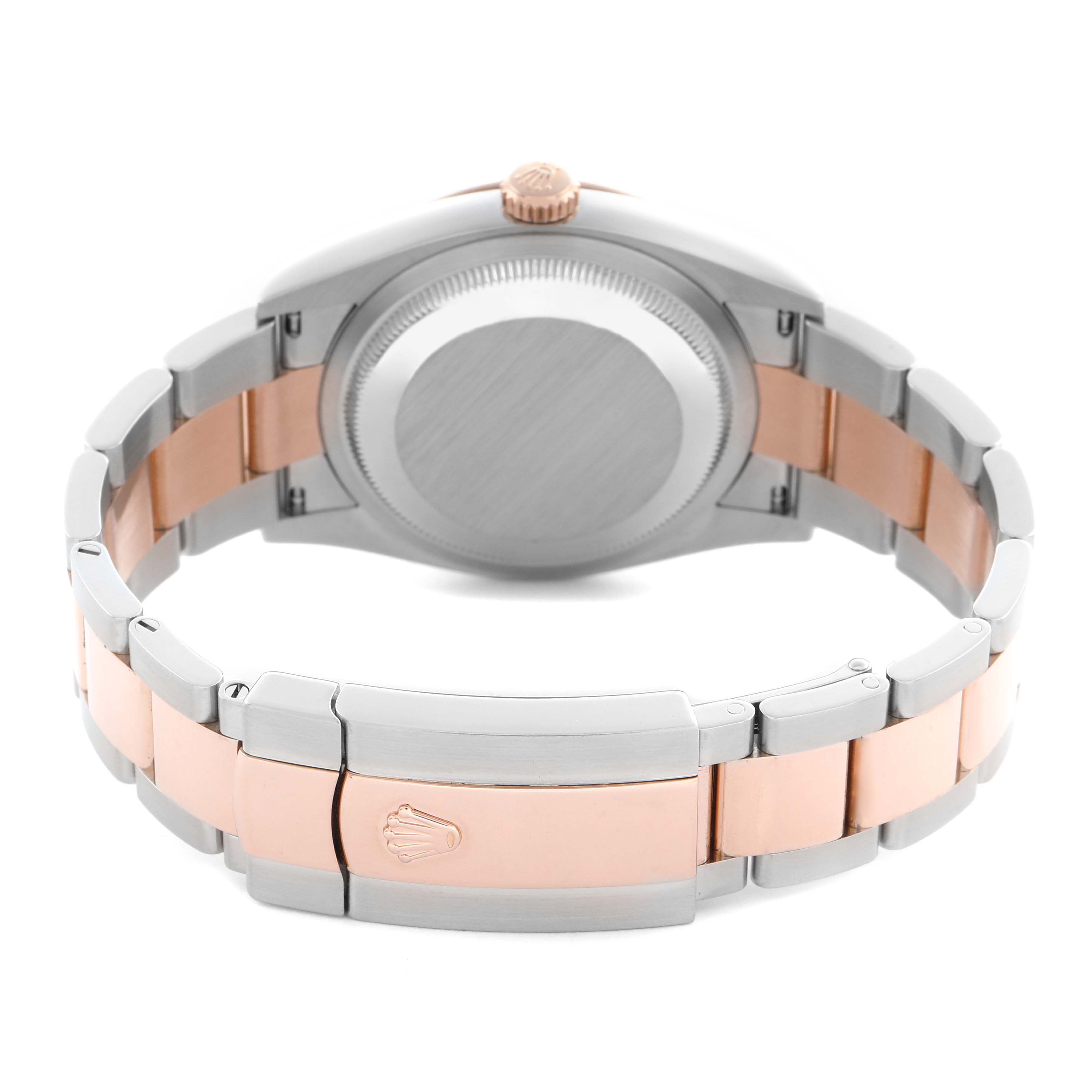 The Rolex Datejust 126201G Men's Steel and Gold (two tone) Brown Dial 126201G Men's Steel and Gold (two tone) Brown Dial watch is shown from the back, displaying the case back, bracelet, and clasp.