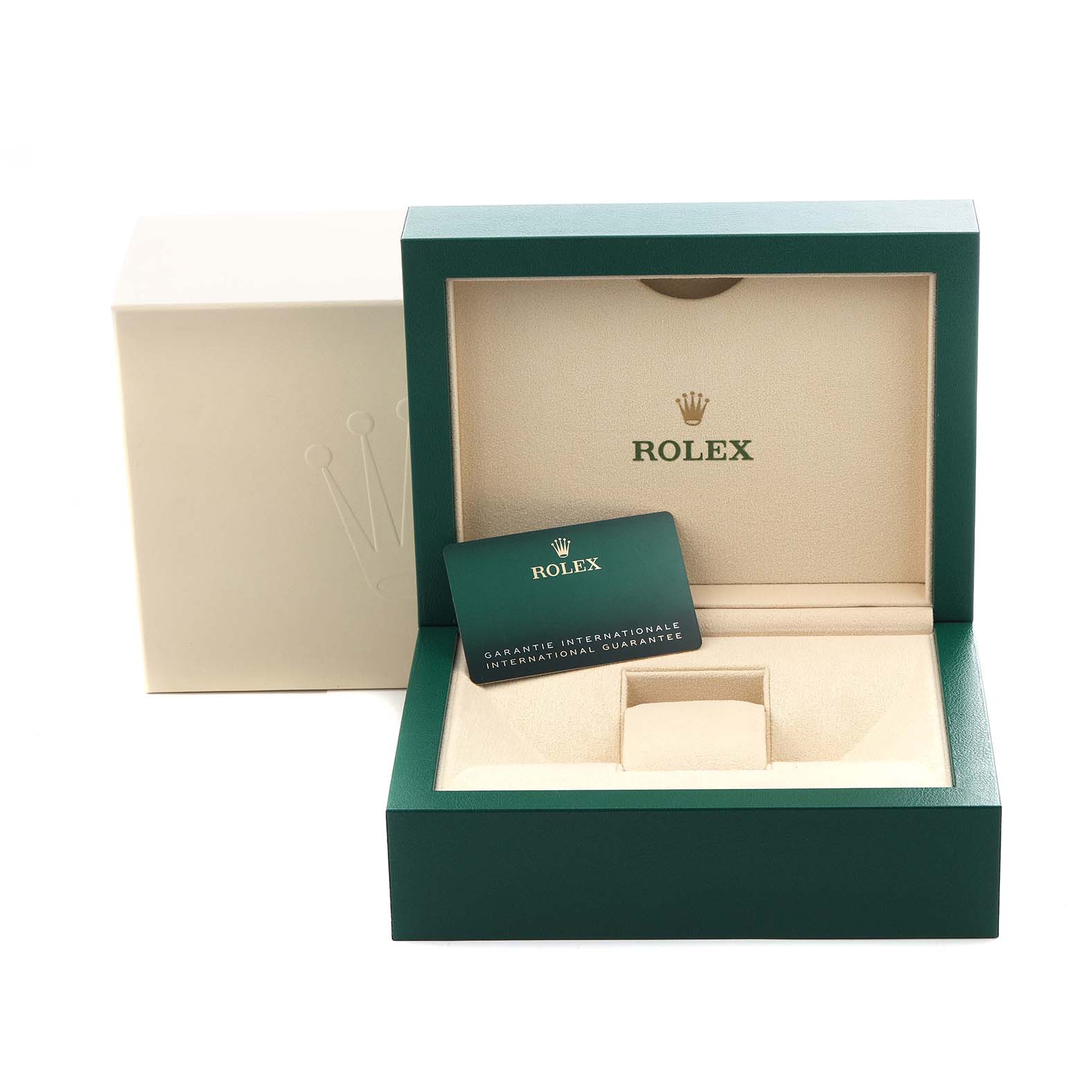 The image shows an open Rolex Datejust 126201G Men's Steel and Gold (two tone) Brown Dial 126201G Men's Steel and Gold (two tone) Brown Dial box with a guarantee card placed inside.