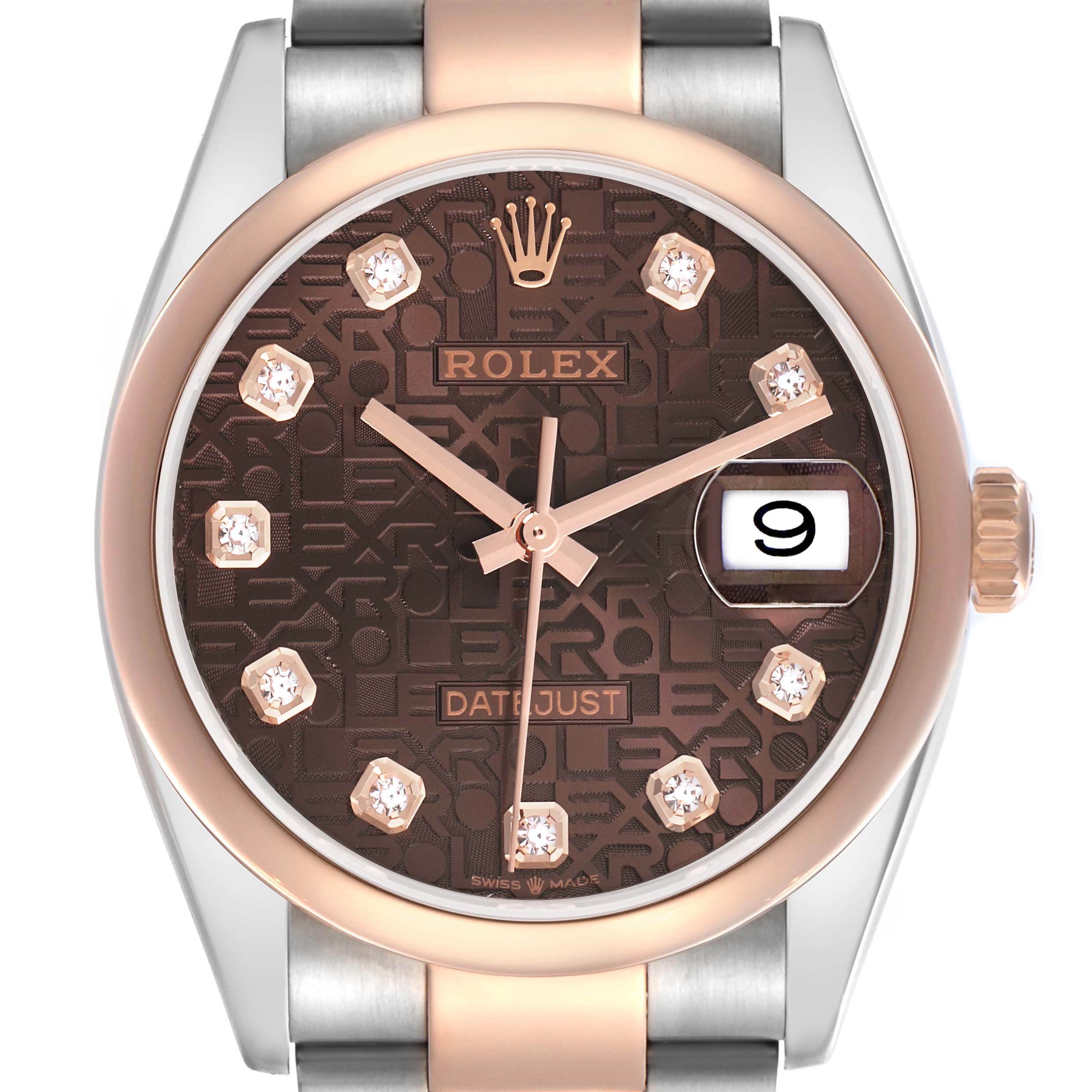 The Rolex Datejust 126201G Men's Steel and Gold (two tone) Brown Dial 126201G Men's Steel and Gold (two tone) Brown Dial watch is shown from the front, highlighting its dial, bezel, and part of the bracelet.