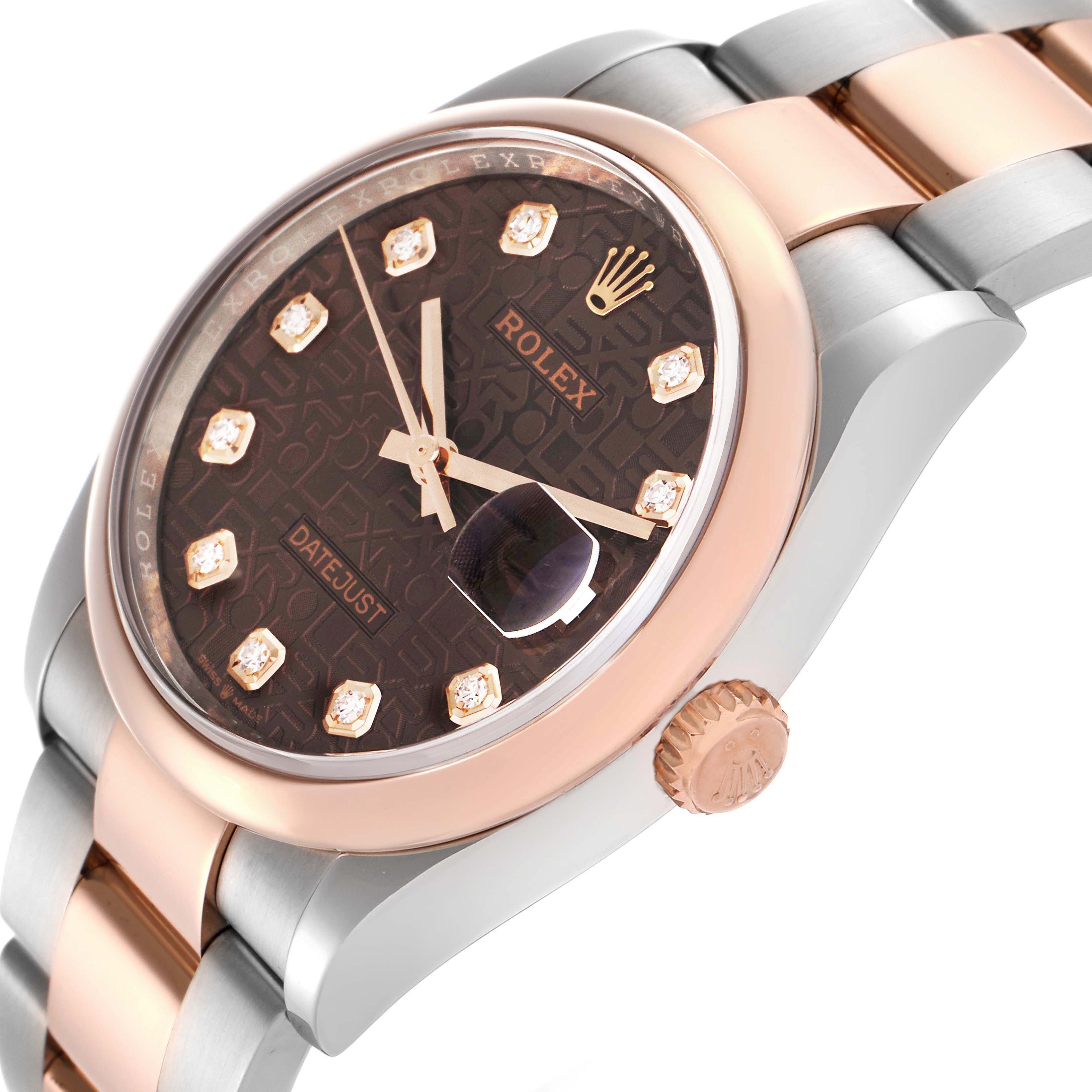 The Rolex Datejust 126201G Men's Steel and Gold (two tone) Brown Dial 126201G Men's Steel and Gold (two tone) Brown Dial watch is shown at a three-quarter angle, highlighting the dial, date magnifier, bezel, crown, and bracelet.