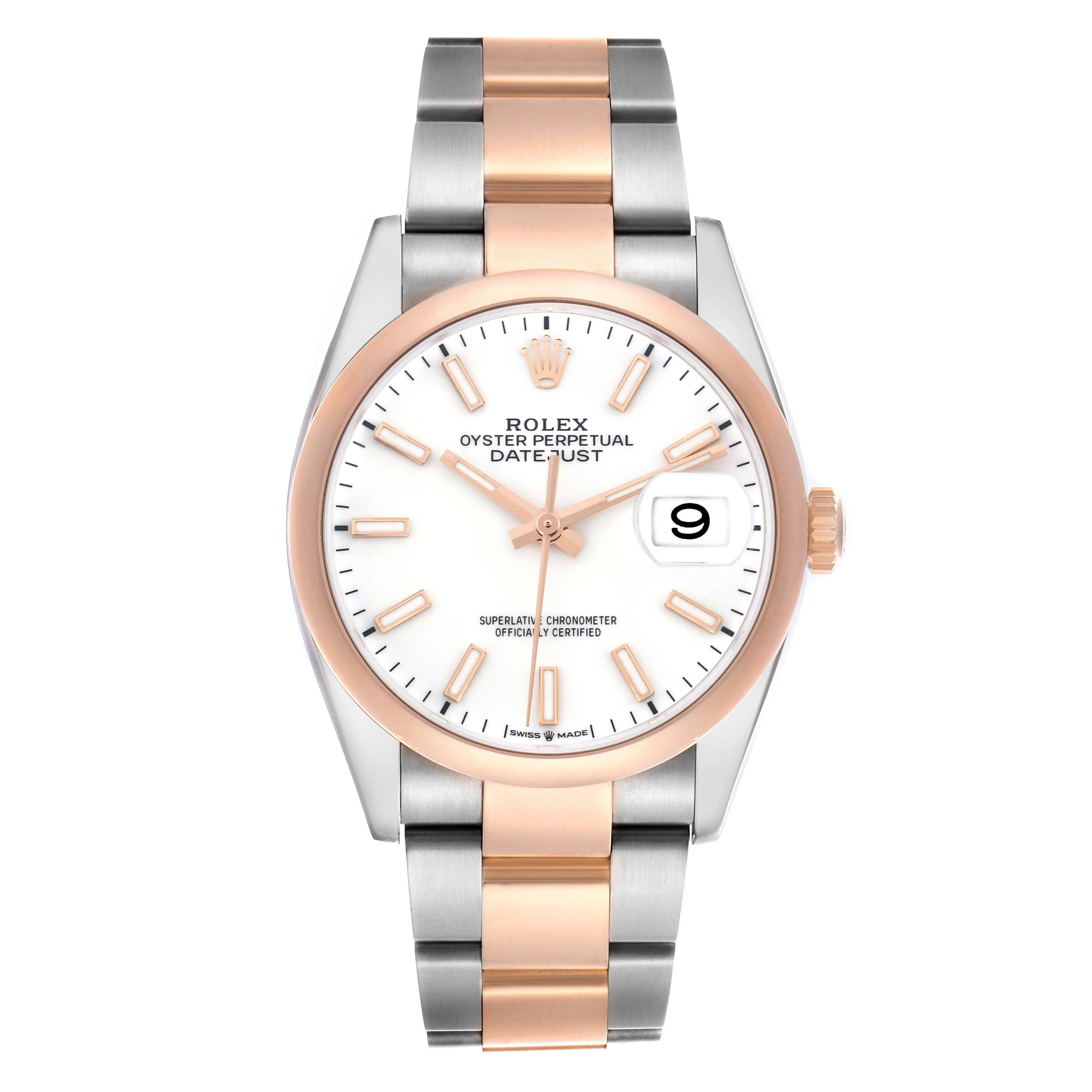 The Rolex Datejust 126201 Men's Steel and Gold (two tone) White Dial watch is shown from a front angle, displaying the dial, hands, date window, and two-tone bracelet.