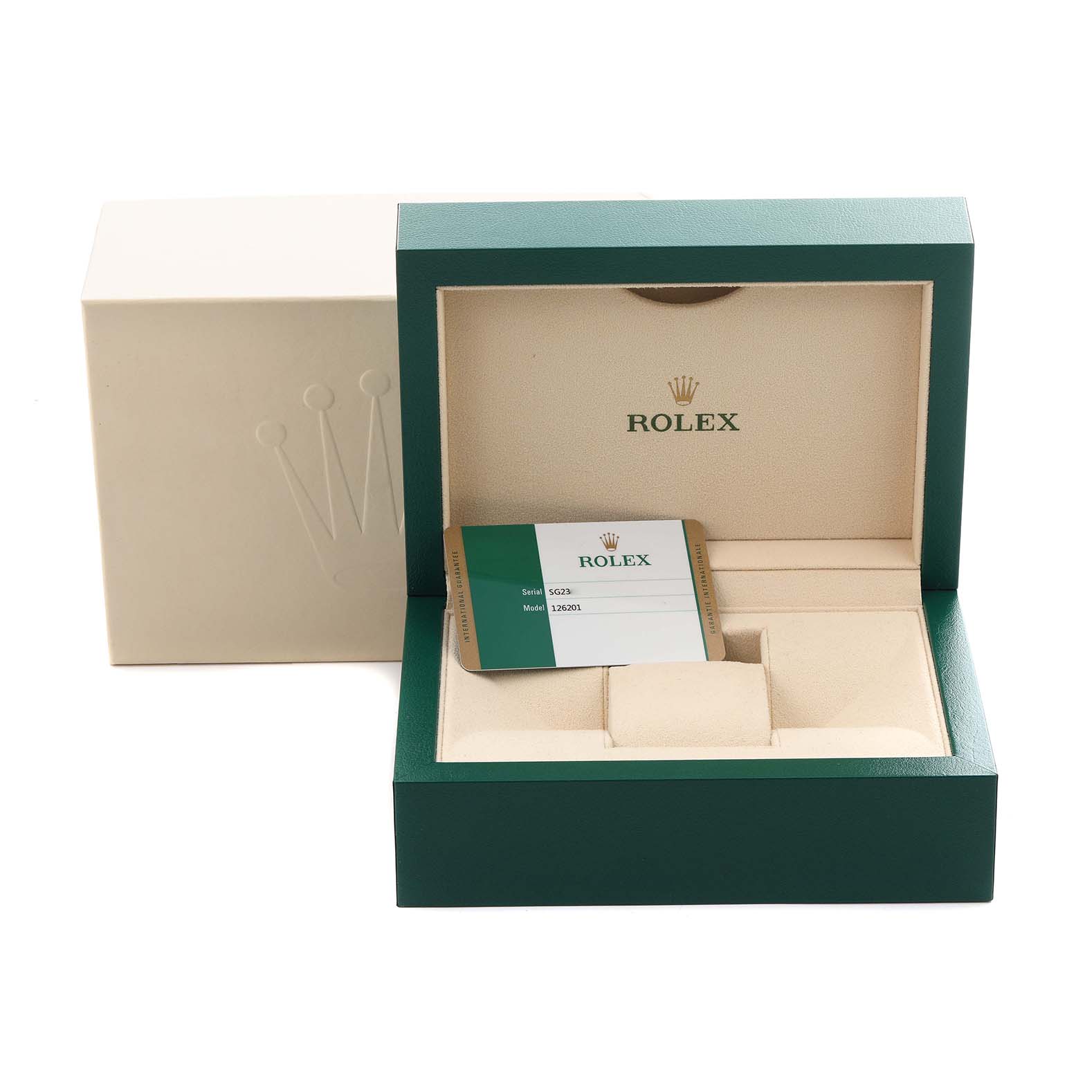 The image shows an open Rolex Datejust 126201 Men's Steel and Gold (two tone) White Dial 126201 Men's Steel and Gold (two tone) White Dial watch box with a warranty card inside, viewed from the front.