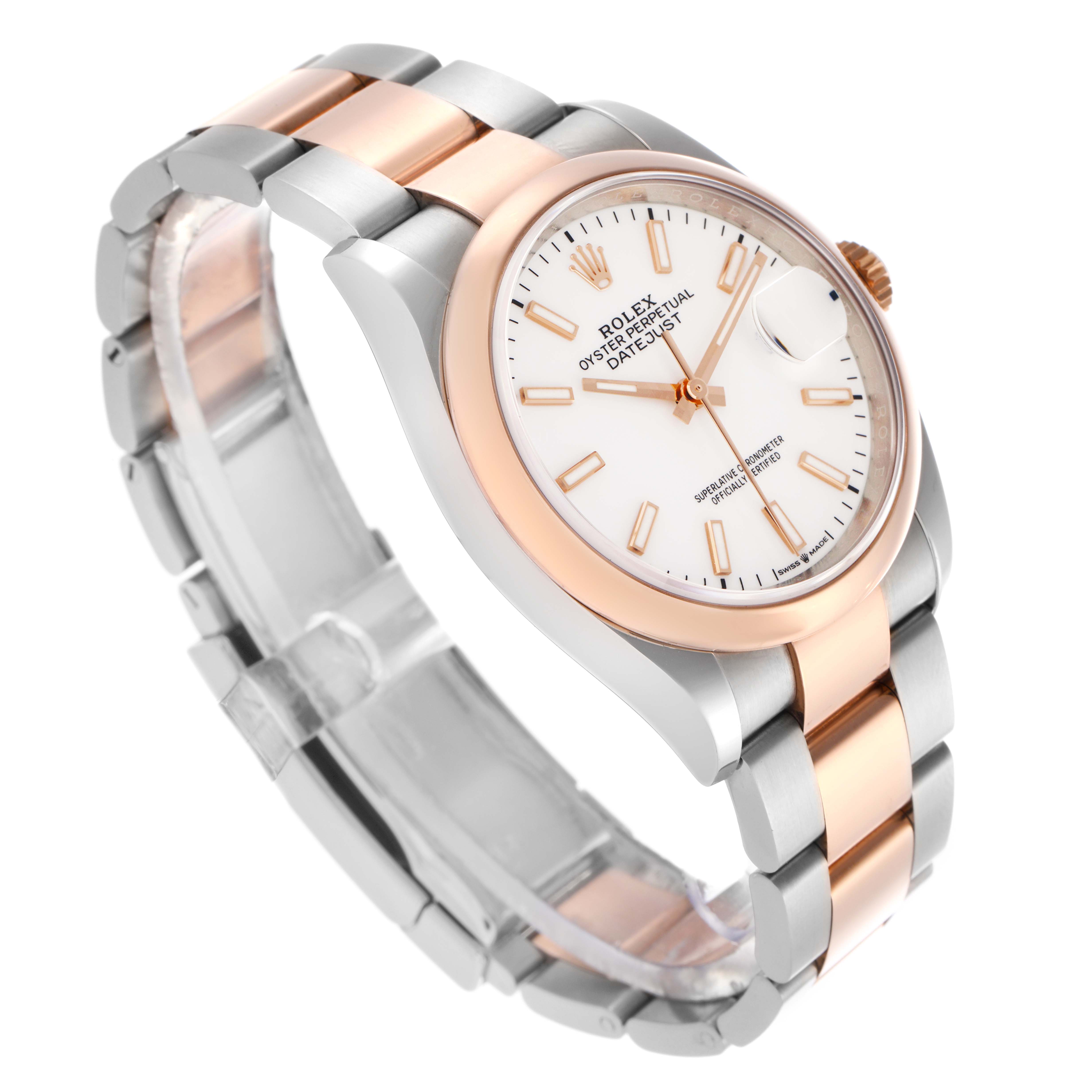 The Rolex Datejust 126201 Men's Steel and Gold (two tone) White Dial 126201 Men's Steel and Gold (two tone) White Dial watch is shown at a three-quarter angle, highlighting the face, bracelet, and clasp.