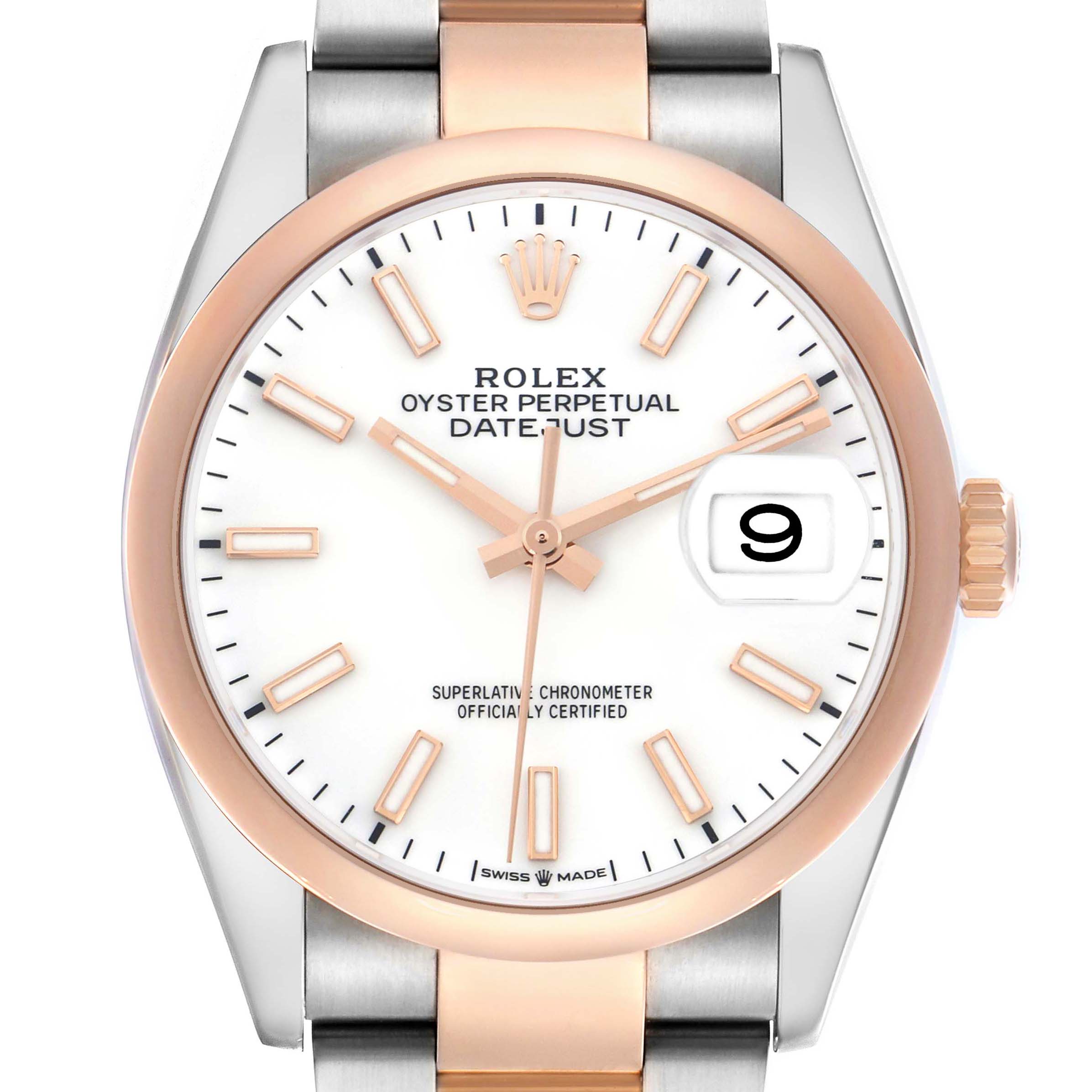 The image shows a front view of the Rolex Datejust 126201 Men's Steel and Gold (two tone) White Dial watch, highlighting the dial, hands, markers, date window, and bezel.